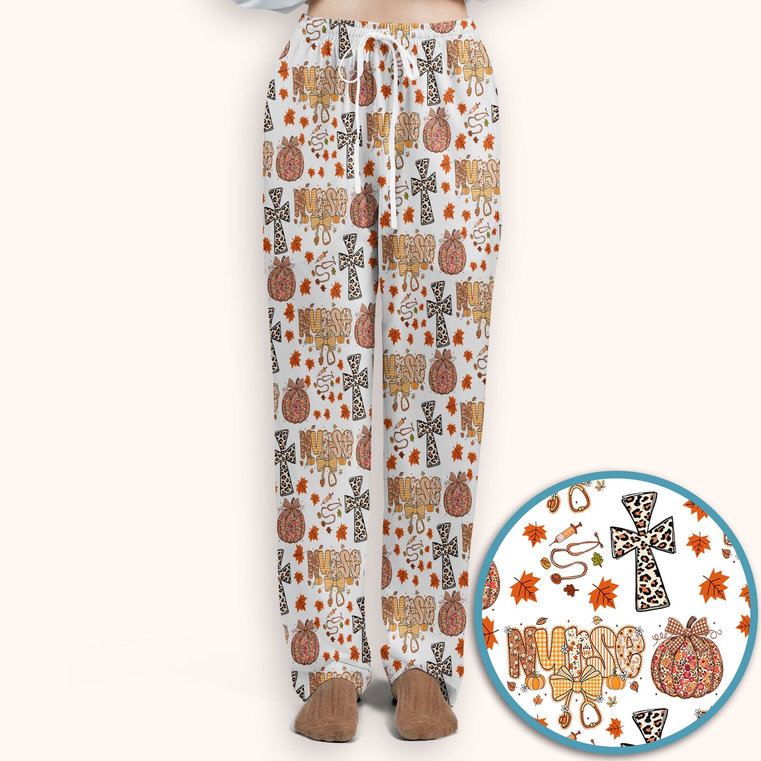 Floral Pumpkin Scrub Set for Women - Coquette Bow Thanksgiving Scrubs Pants and V Neck Top - Comfortable Medical Uniform