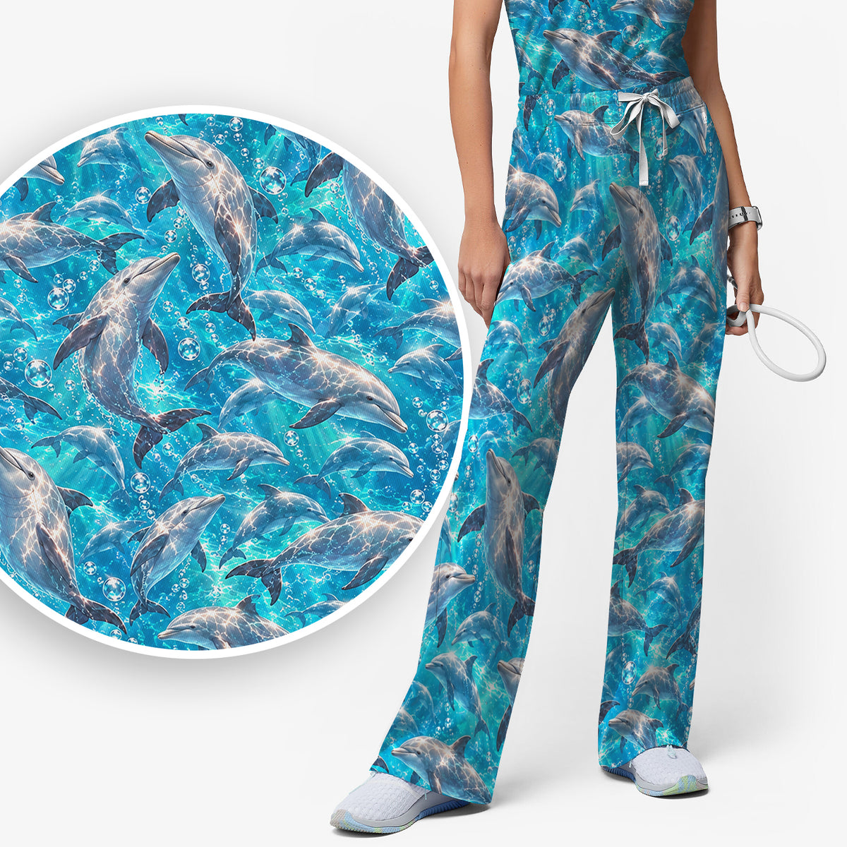 Blue Ocean Dolphin Pattern Scrub Set, Scrub Pants and V Neck Top