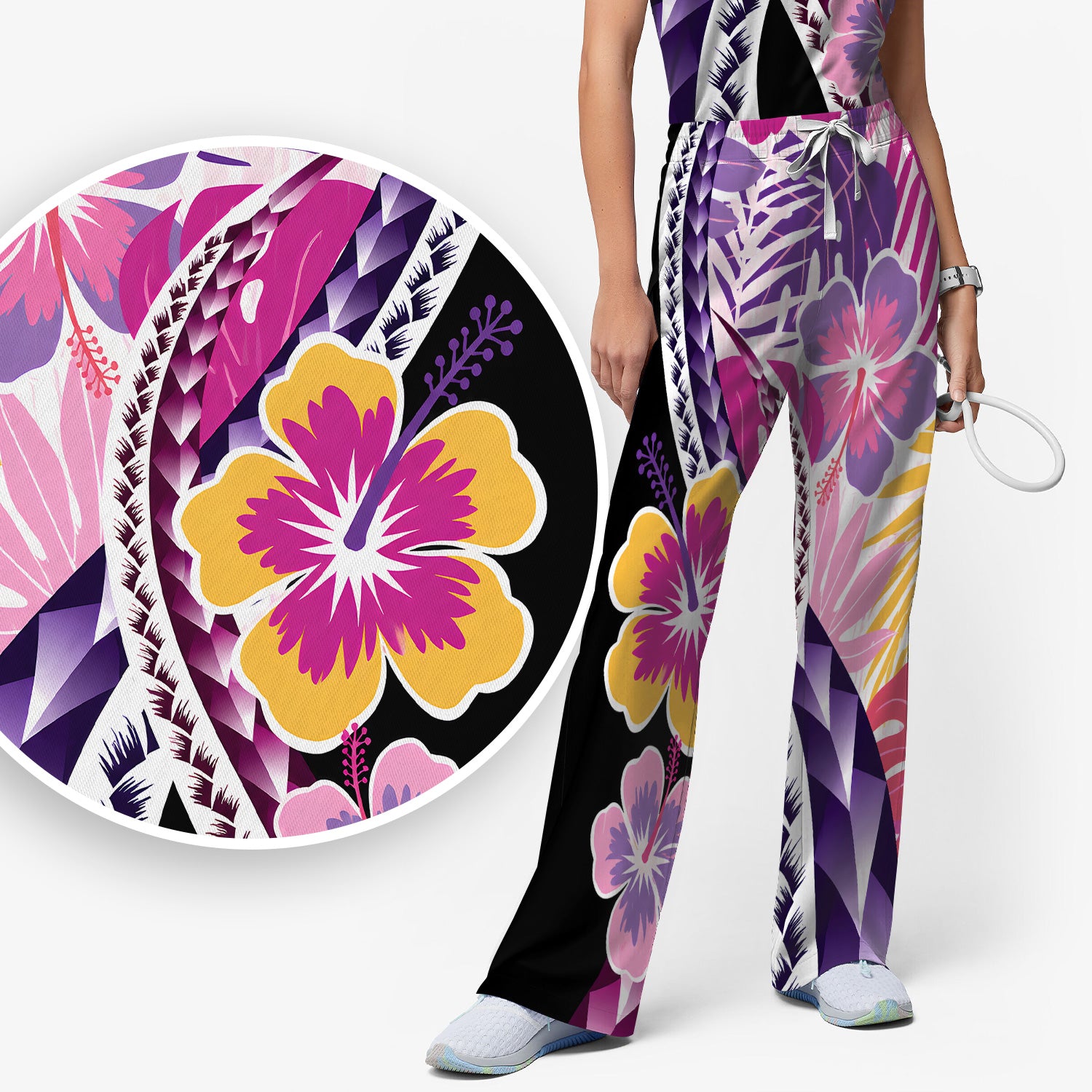 Nurse Tropical Hibiscus Leaf Pattern Scrub Set, Scrub Pants and V Neck Top
