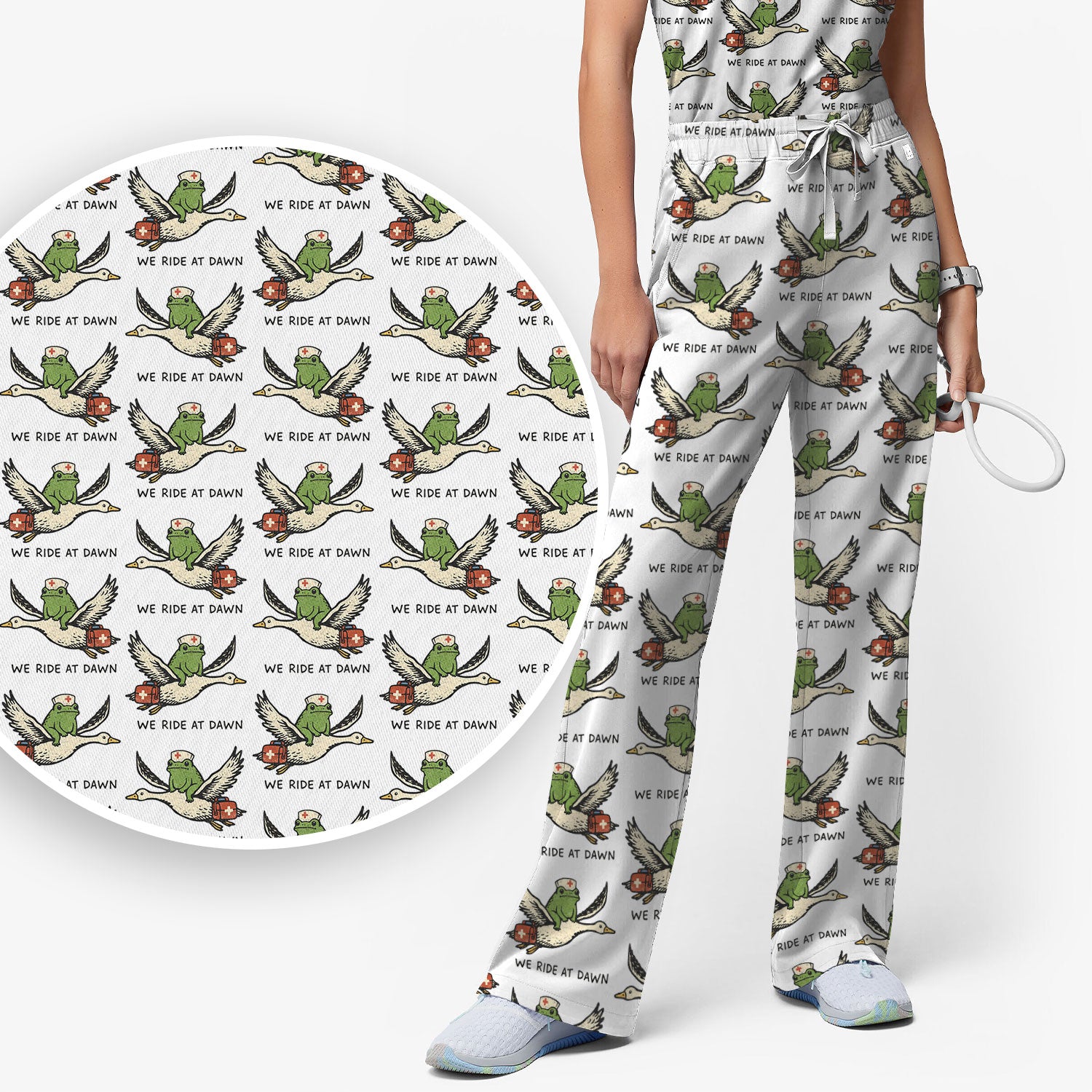 Funny Frog Riding Goose Nurse Pattern Scrub Set, Nurse Uniform Scrubs Set