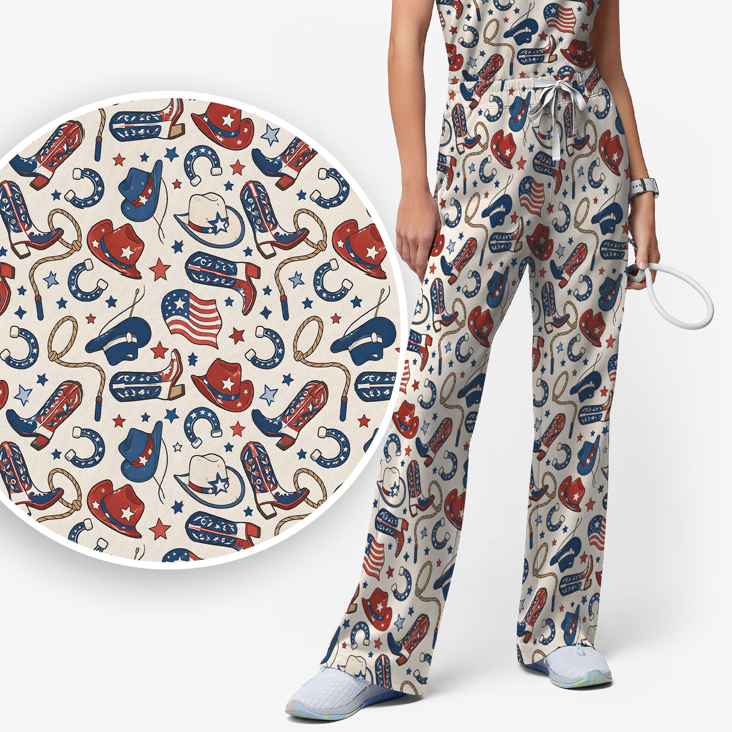 Patriotic Cowboy Boots Horseshoe Pattern Scrub Set, Scrub Pants and V Neck Top