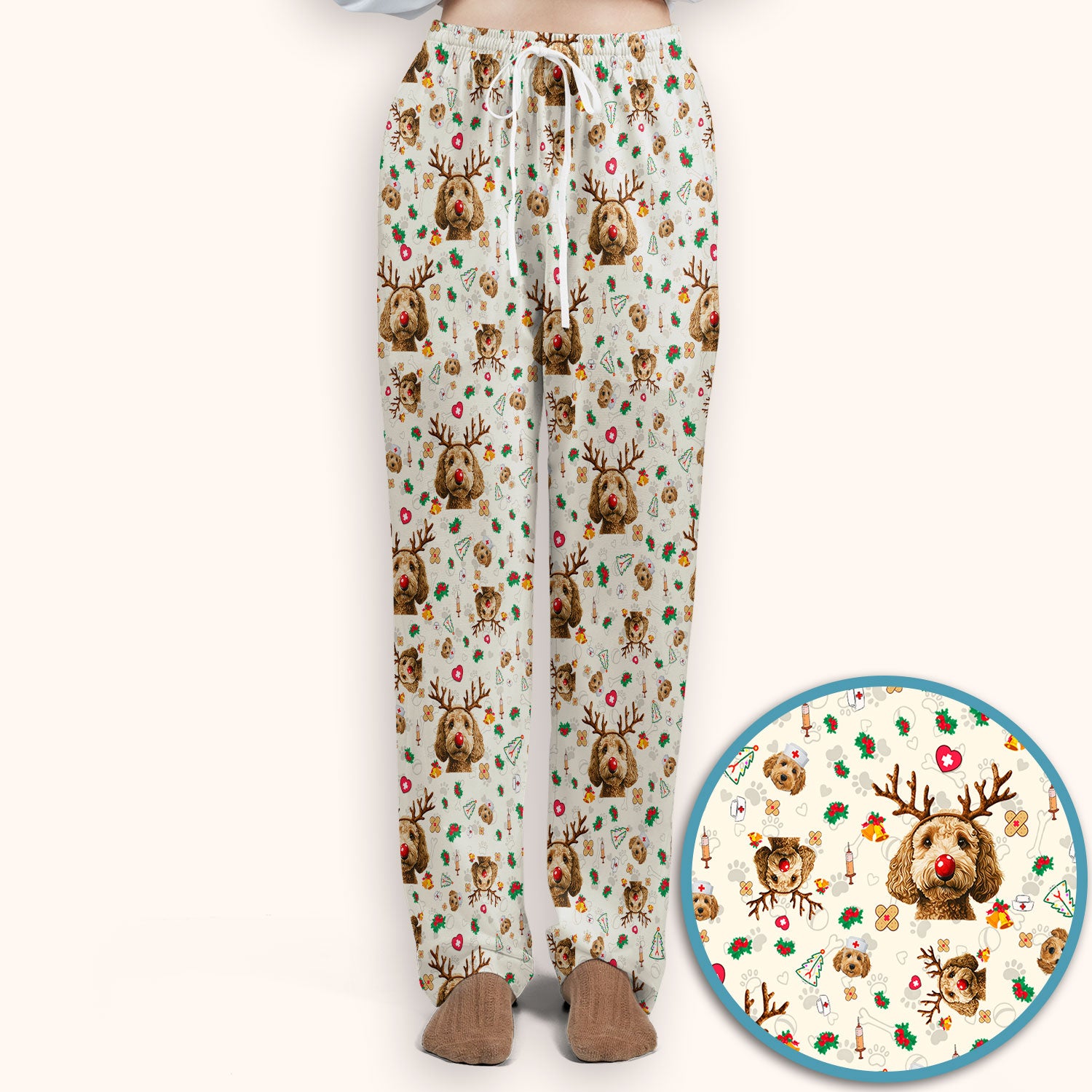 Christmas Labradoodle Scrub Set - Funny Reindeer Dog Nurse Pants and V Neck Top - Cute Holiday Medical Uniform