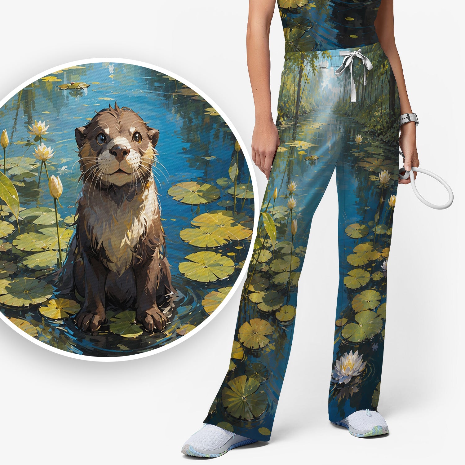 Cute Otter Pond Pattern Scrub Set, Scrub Pants and V Neck Top