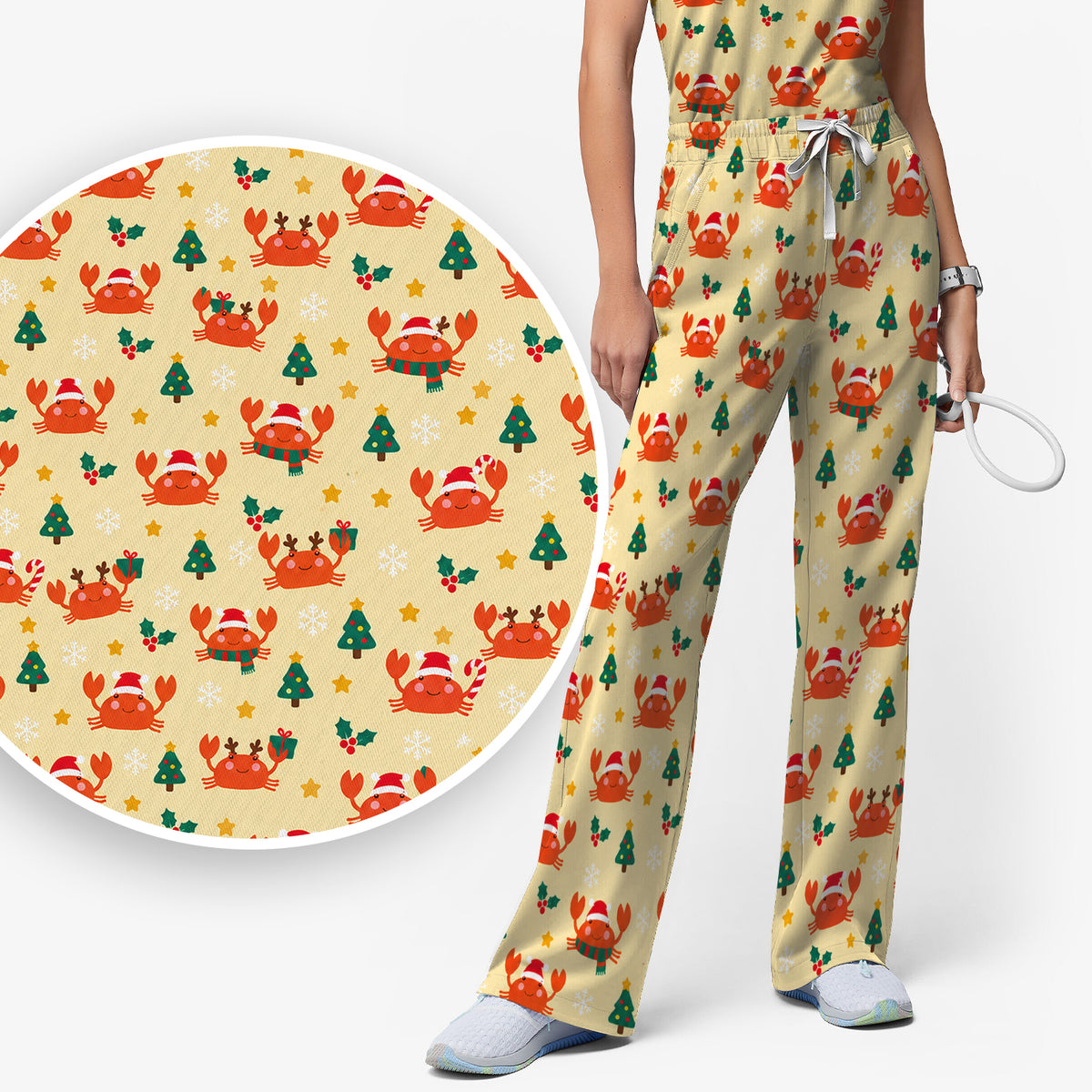 Christmas Crabs And Trees Pattern Scrub Set, Scrub Pants and V Neck Top