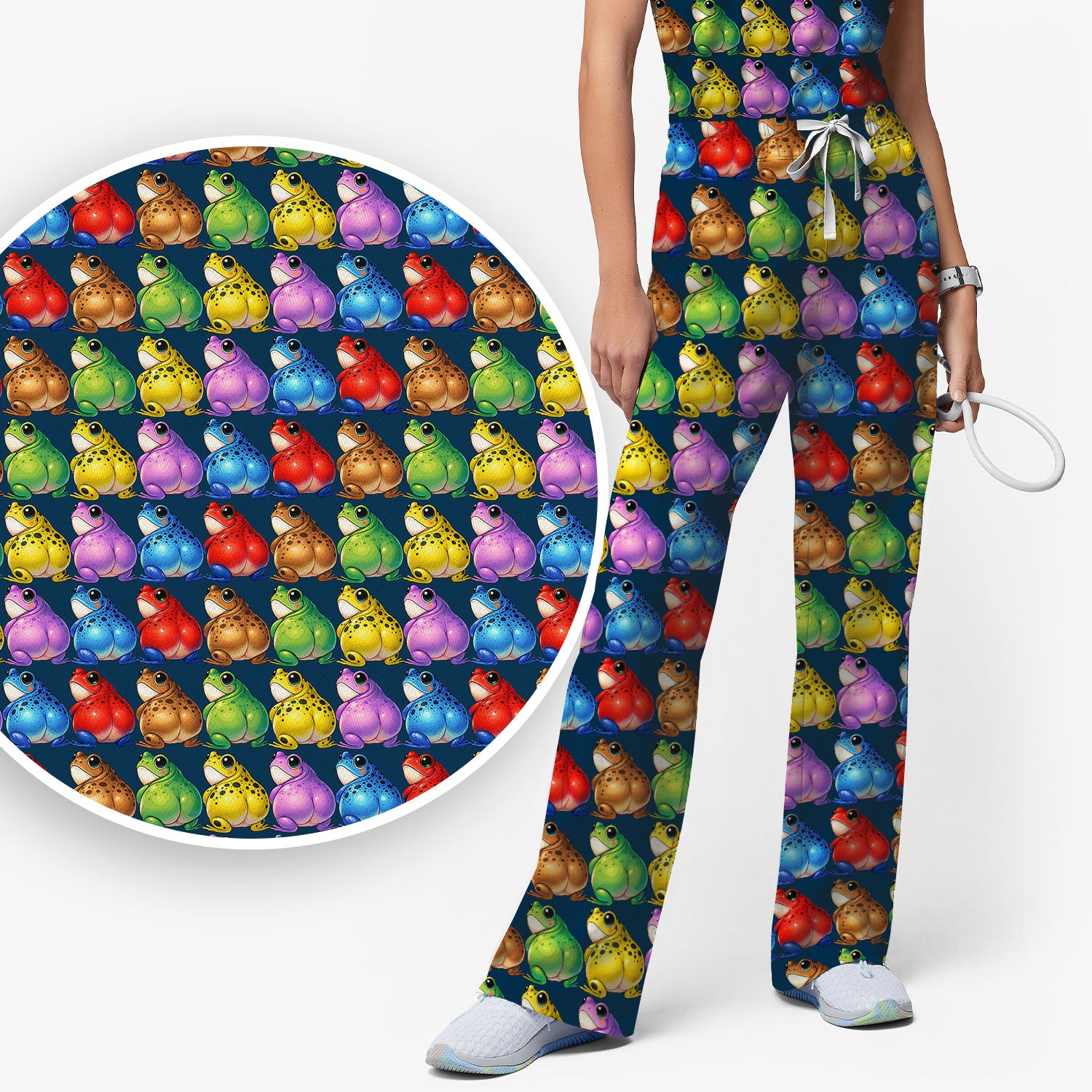 Funny Colorful Frogs Pattern Scrubs Sets, Scrub Pants and V Neck Top