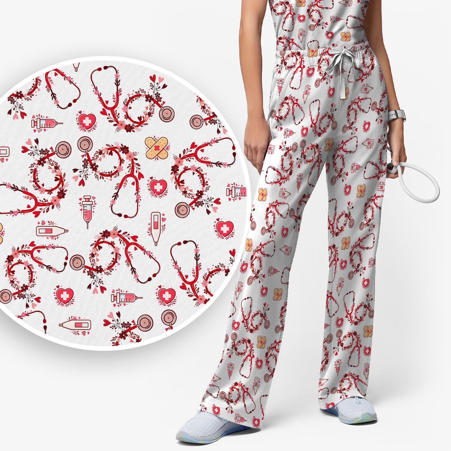 Heart Stethoscope Medical Pattern Scrub Set, Breathable Med Uniform