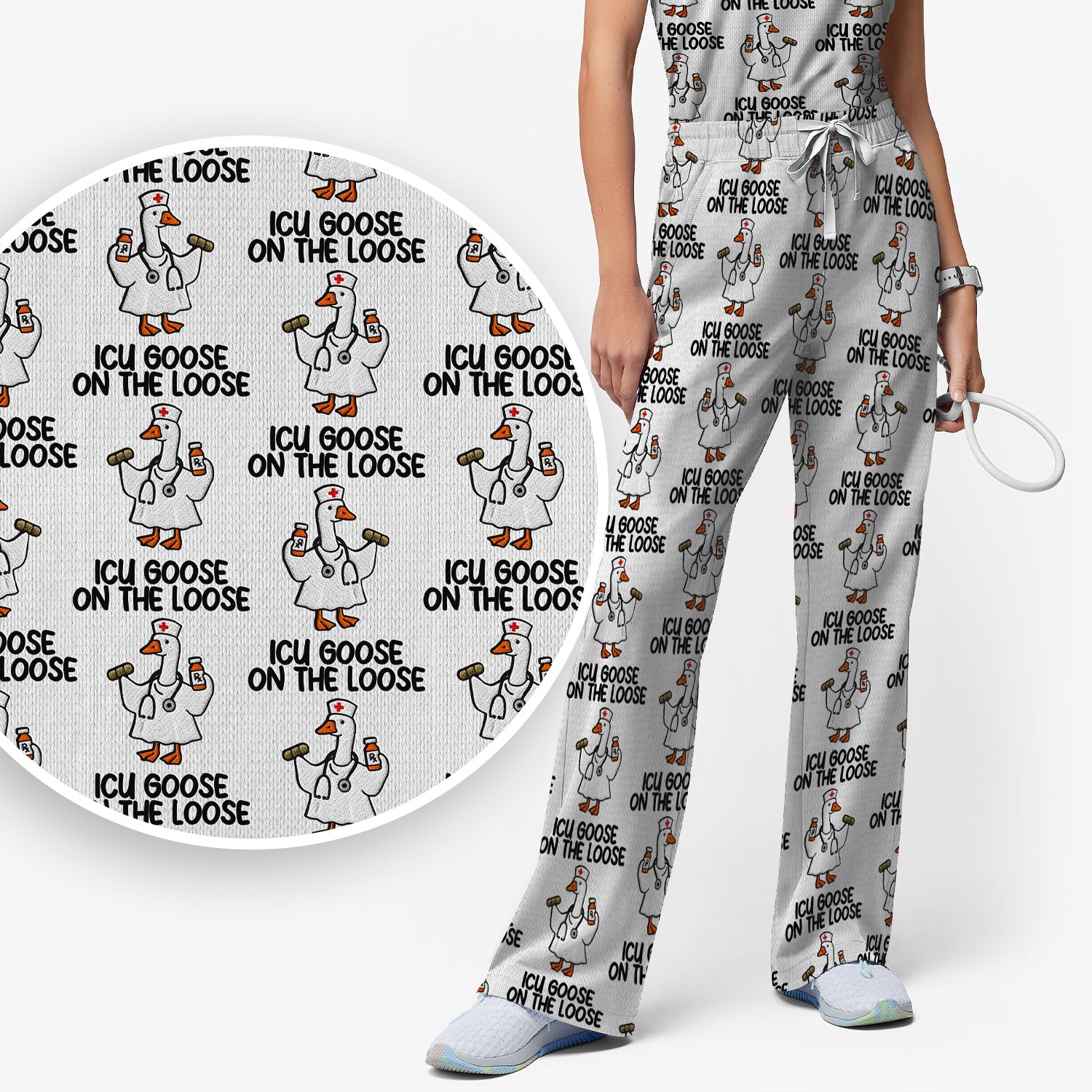 Funny ICU Goose On The Loose Nurse Pattern Scrub Set, Scrub Pants and V Neck Top