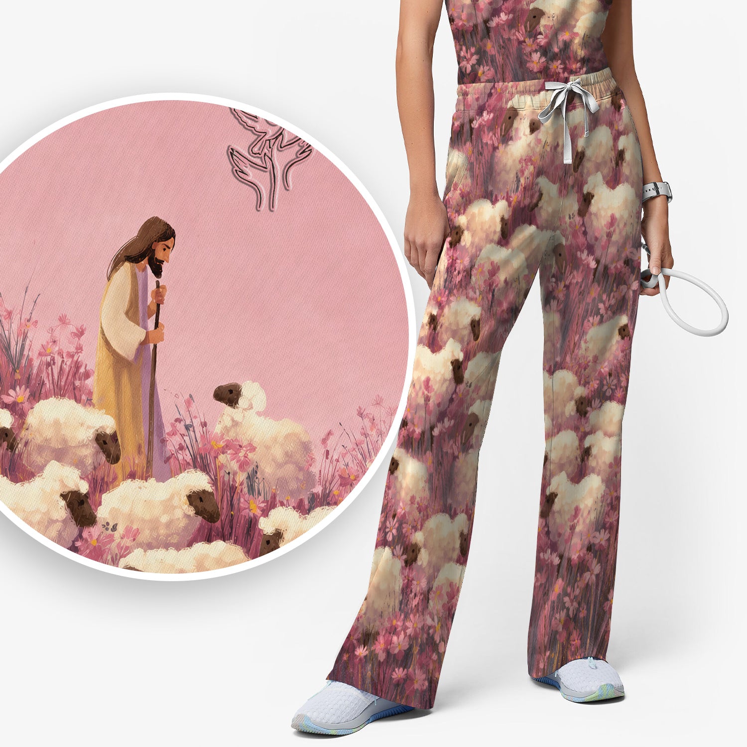 Christian Shepherd With Lambs Pattern Scrub Set, Scrub Pants and V Neck Top