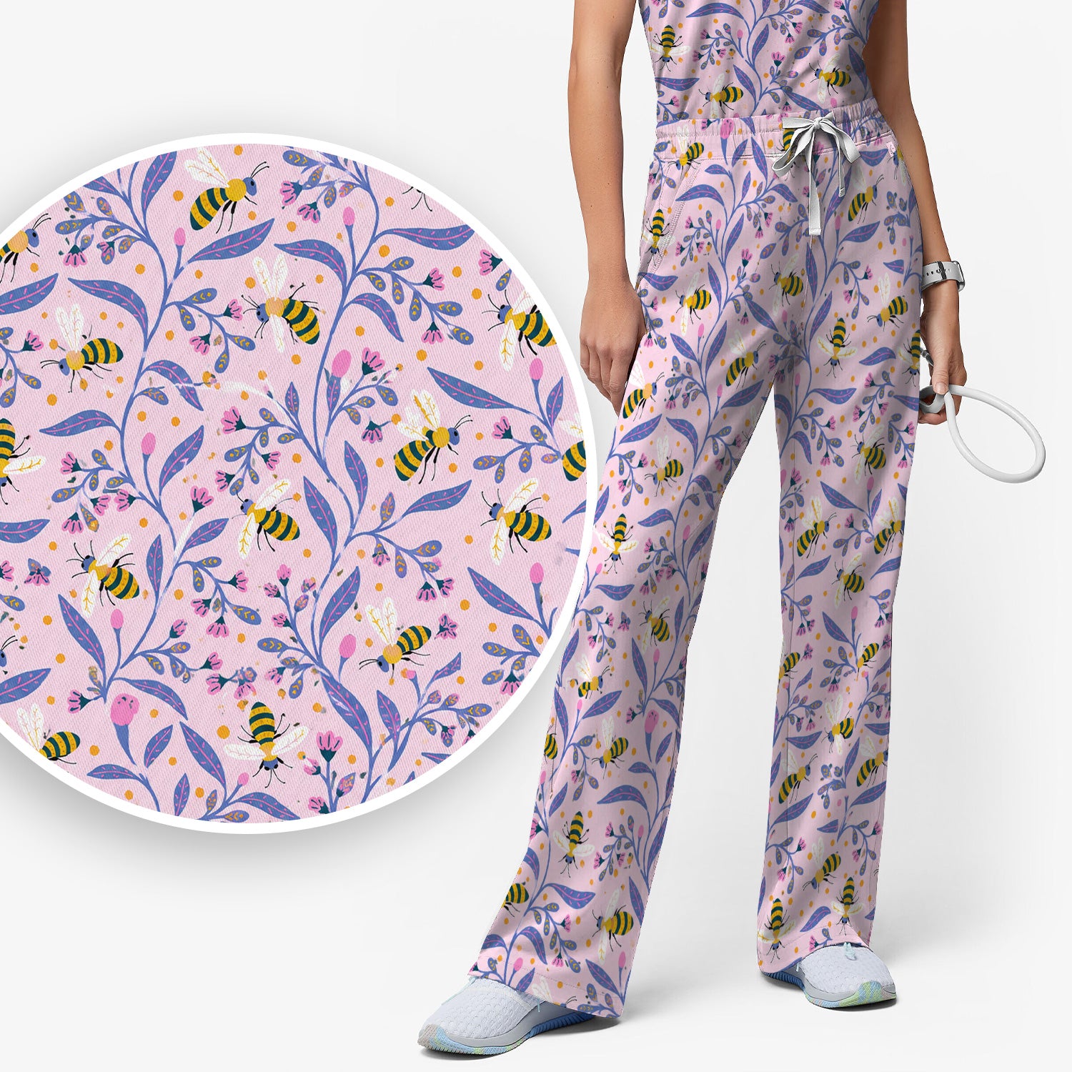 Cute Bumble Bee Floral Pattern Scrub Set, Scrub Pants and V Neck Top