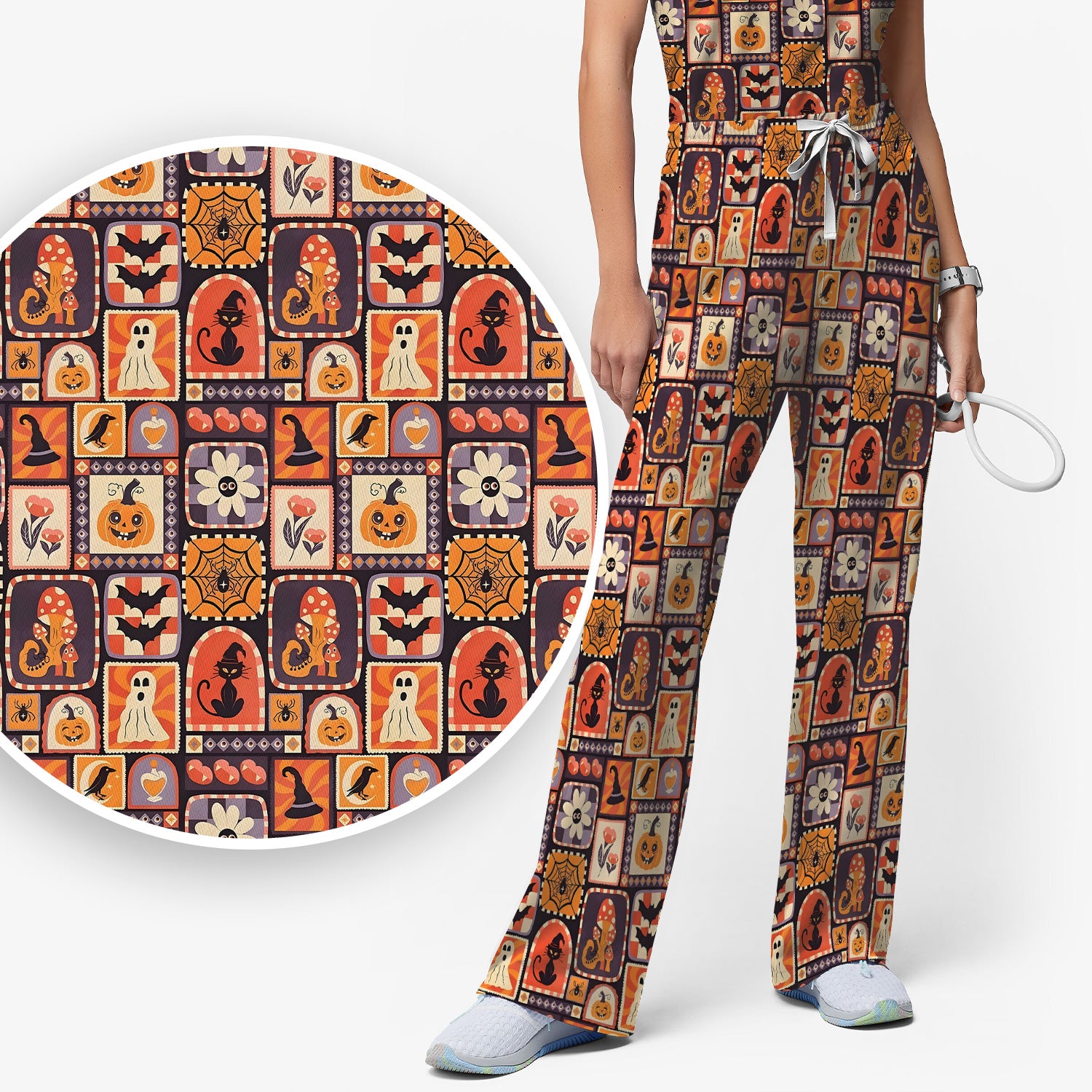 Retro Halloween Patchwork Icons Scrub Set, Scrub Pants and V Neck Top