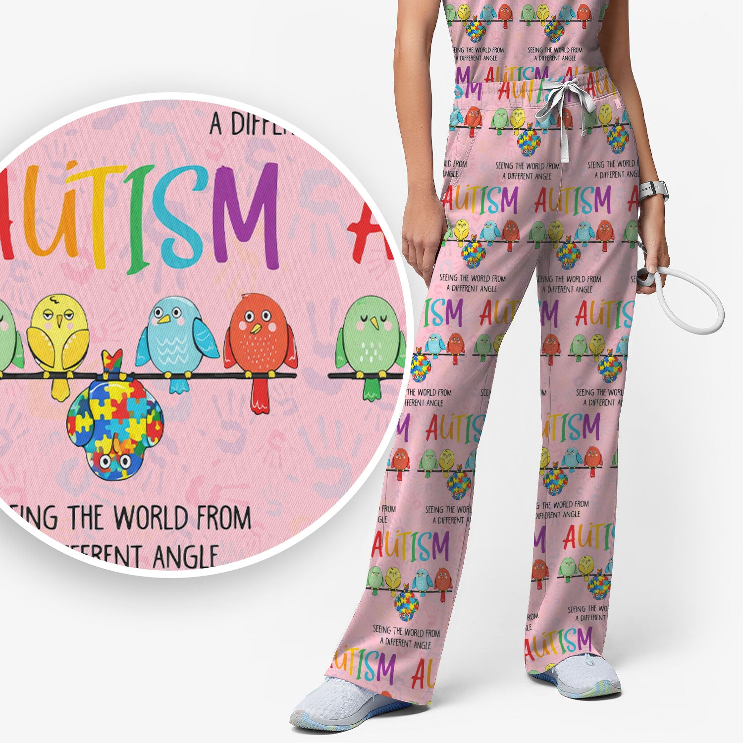 Autism Seeing The World From A Different Angle Birds Scrub Set, Breathable Med Uniform