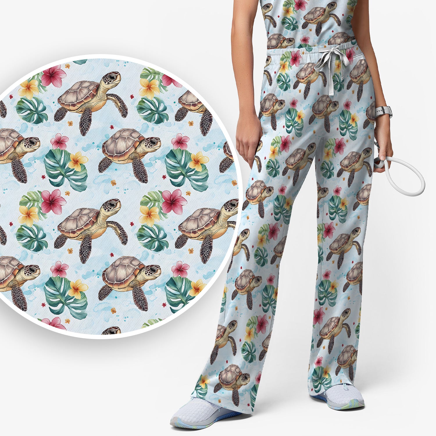 Sea Turtle Tropical Floral Pattern Scrub Set, Scrub Pants and V Neck Top