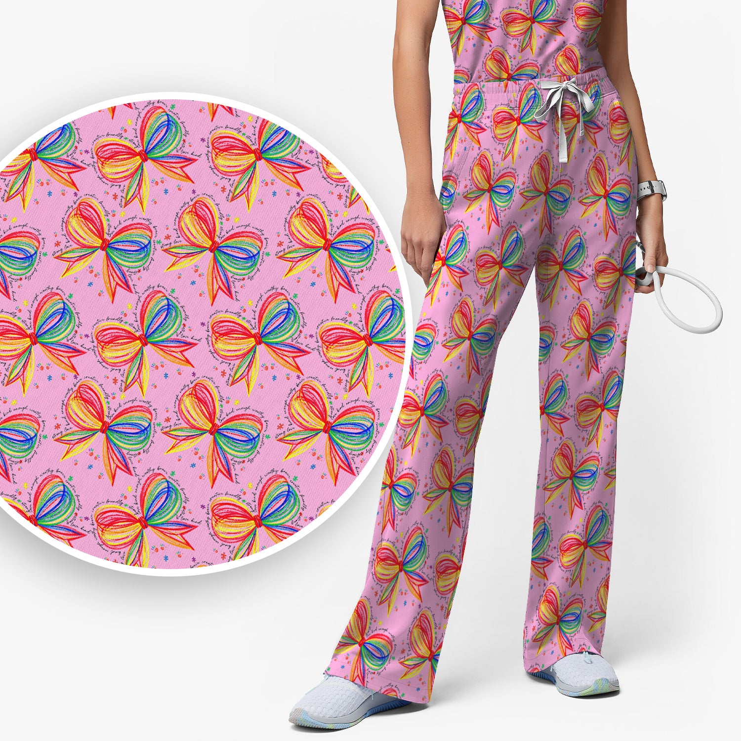 Colorful Rainbow Bow Pattern Scrub Set, Scrub Pants and V Neck Top