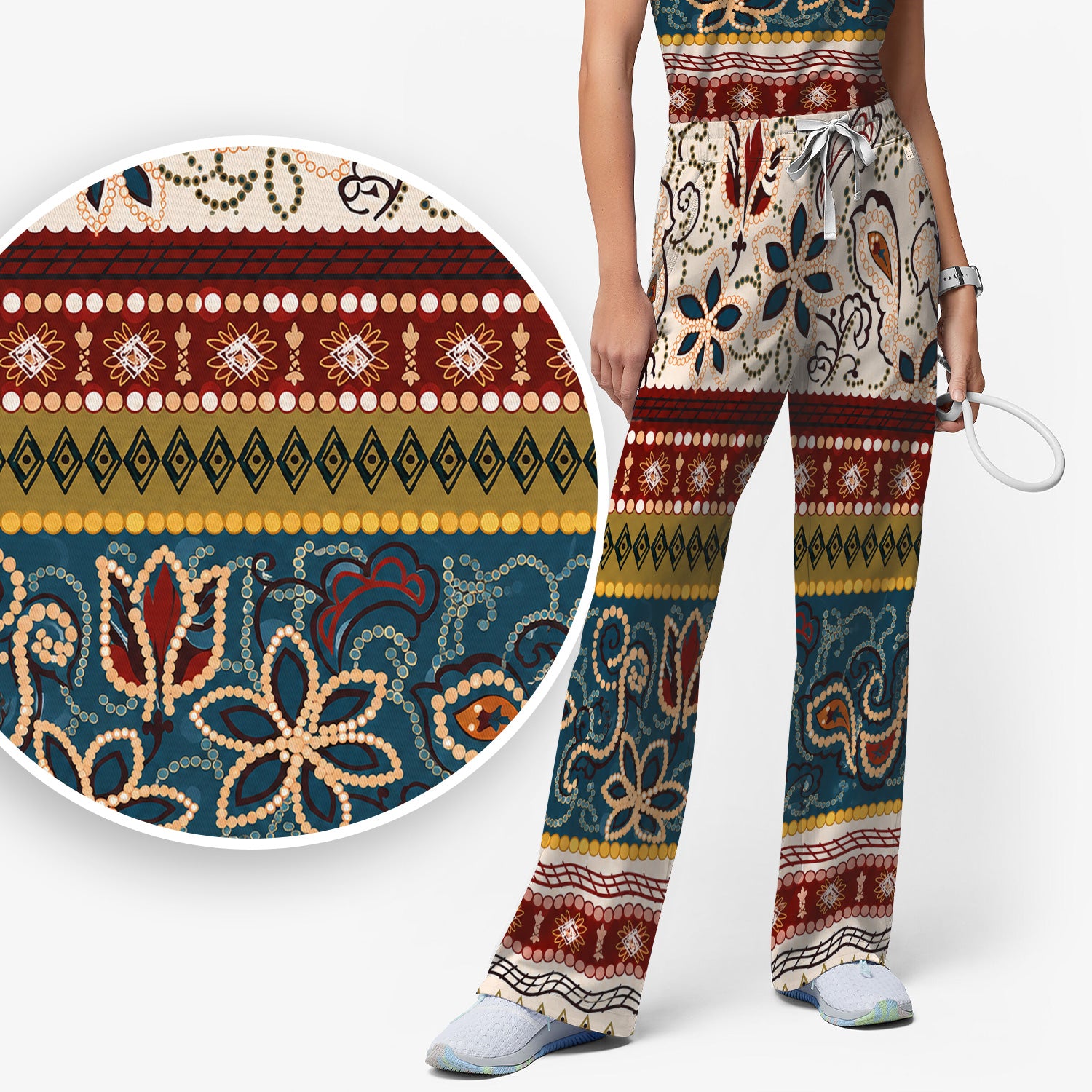 Boho Paisley Floral Stripe Pattern Scrub Set, Scrub Pants and V Neck Top