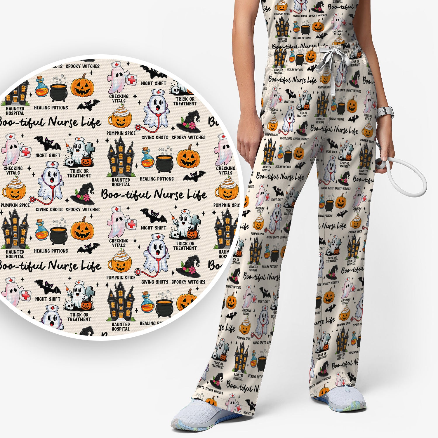 Spooky Halloween Boo-tiful Nurse Life Scrub Set, Scrub Pants and V Neck Top