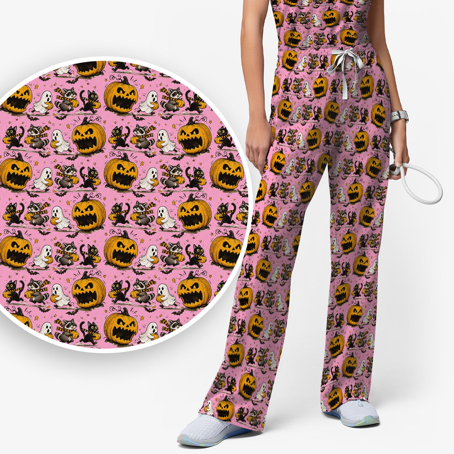 Spooky Halloween Woodland Critters Pattern Scrub Set, Scrub Pants and V Neck Top