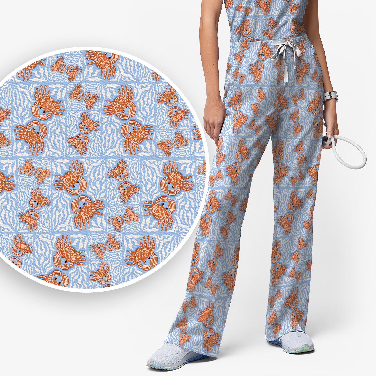 Cute Coastal Crab Print Scrub Set, Women's Scrub Sets