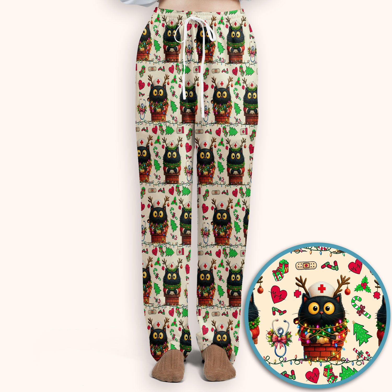 Funny Black Cat Scrub Set for Nurse - Cute Reindeer Cat with Christmas Lights - Festive Holiday Medical Uniform - Kitten Lover Gift