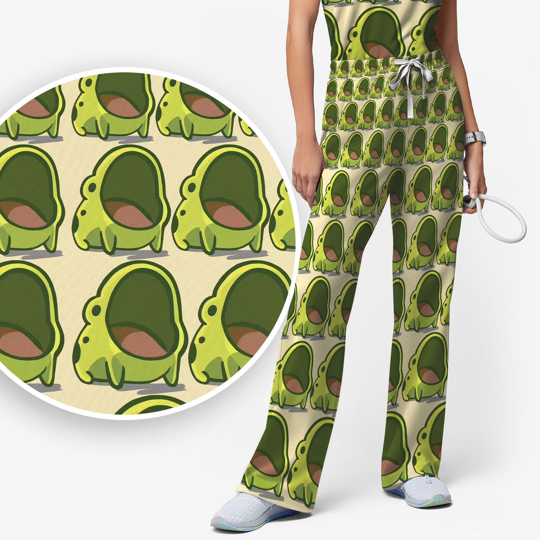 Cute Green Frog Cartoon Print Scrub Set, Scrub Pants and V Neck Top