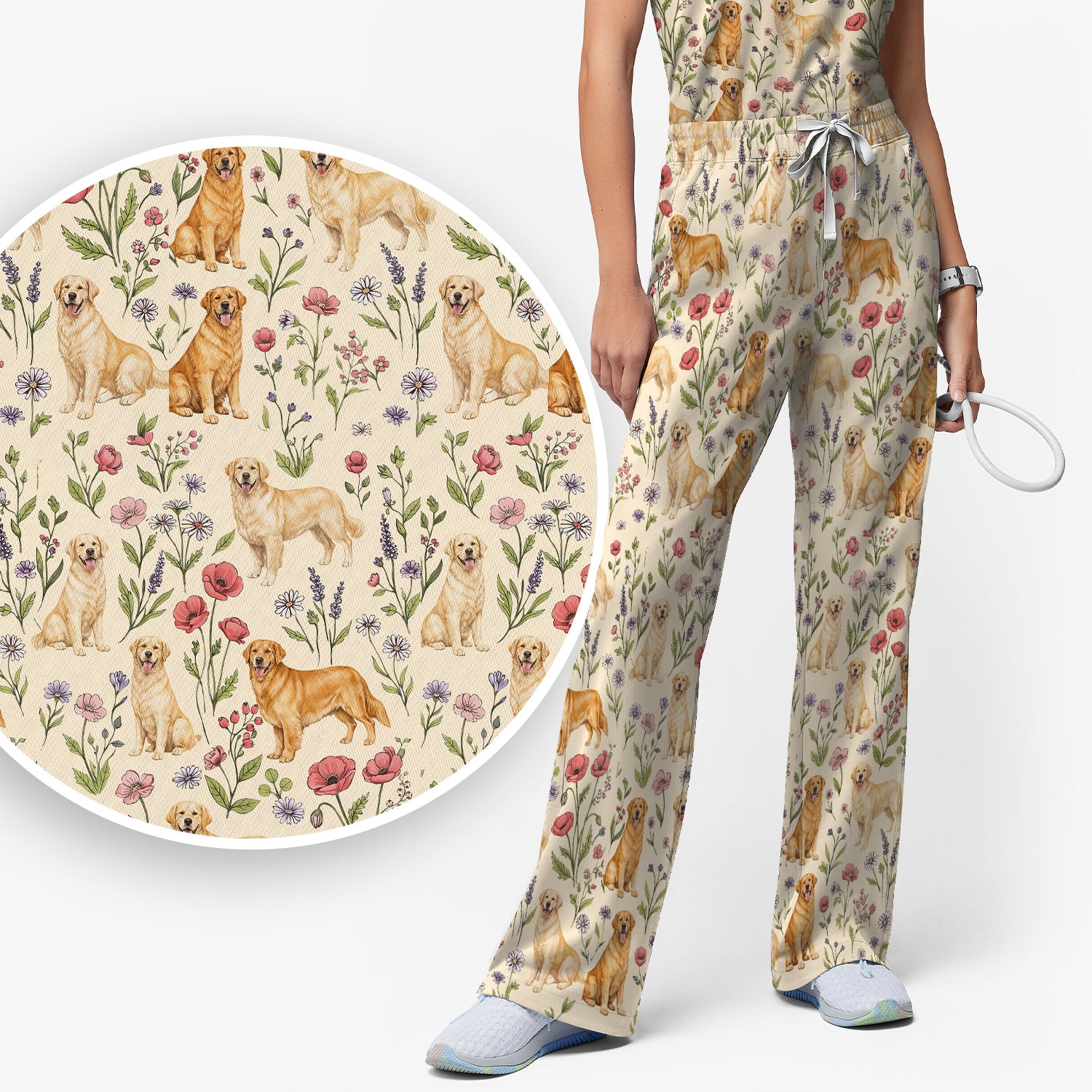 Cute Golden Retriever Floral Pattern Scrub Set, Women's Scrub Sets