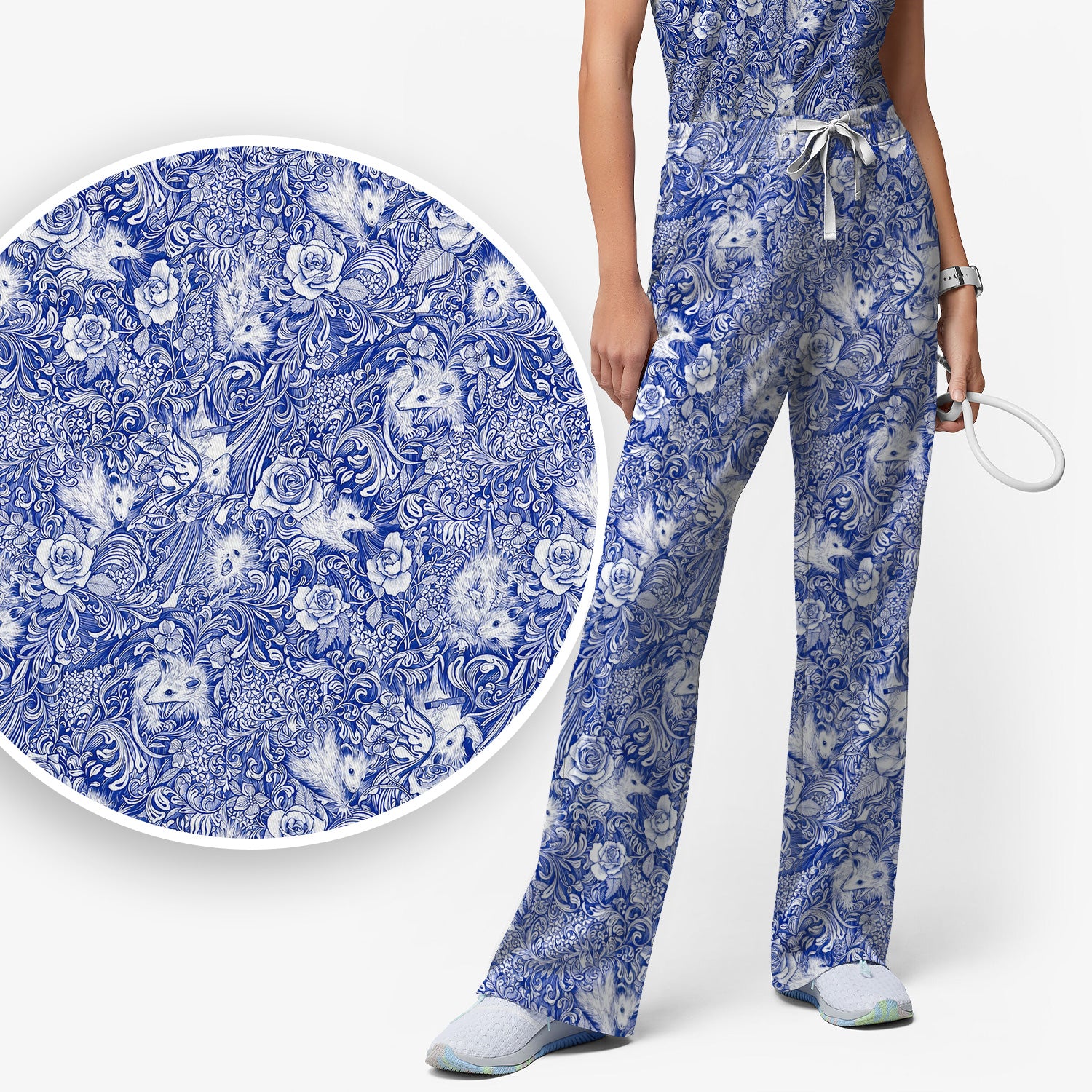 Blue Toile Opossum Floral Pattern Scrub Set, Scrub Pants and V Neck Top