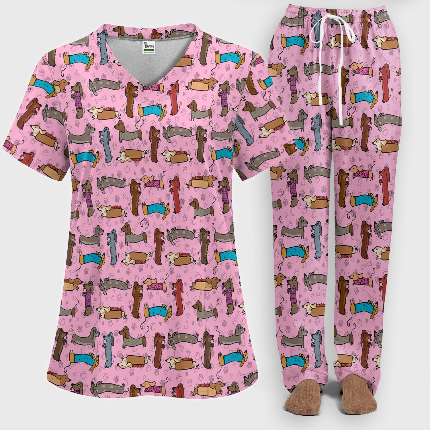 Cute Dachshund Women's Scrub Sets - Funny Sausage Dog Pattern Med Uniform - Nursing Gift for RN LPN CNA