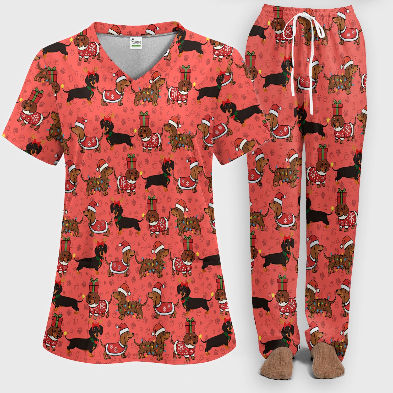 Funny Dachshund Dog Nursing Scrub Pants for Women - Wiener Santa Scrub Set for Nurse - Funny Medical Uniform for RN CNA LPN