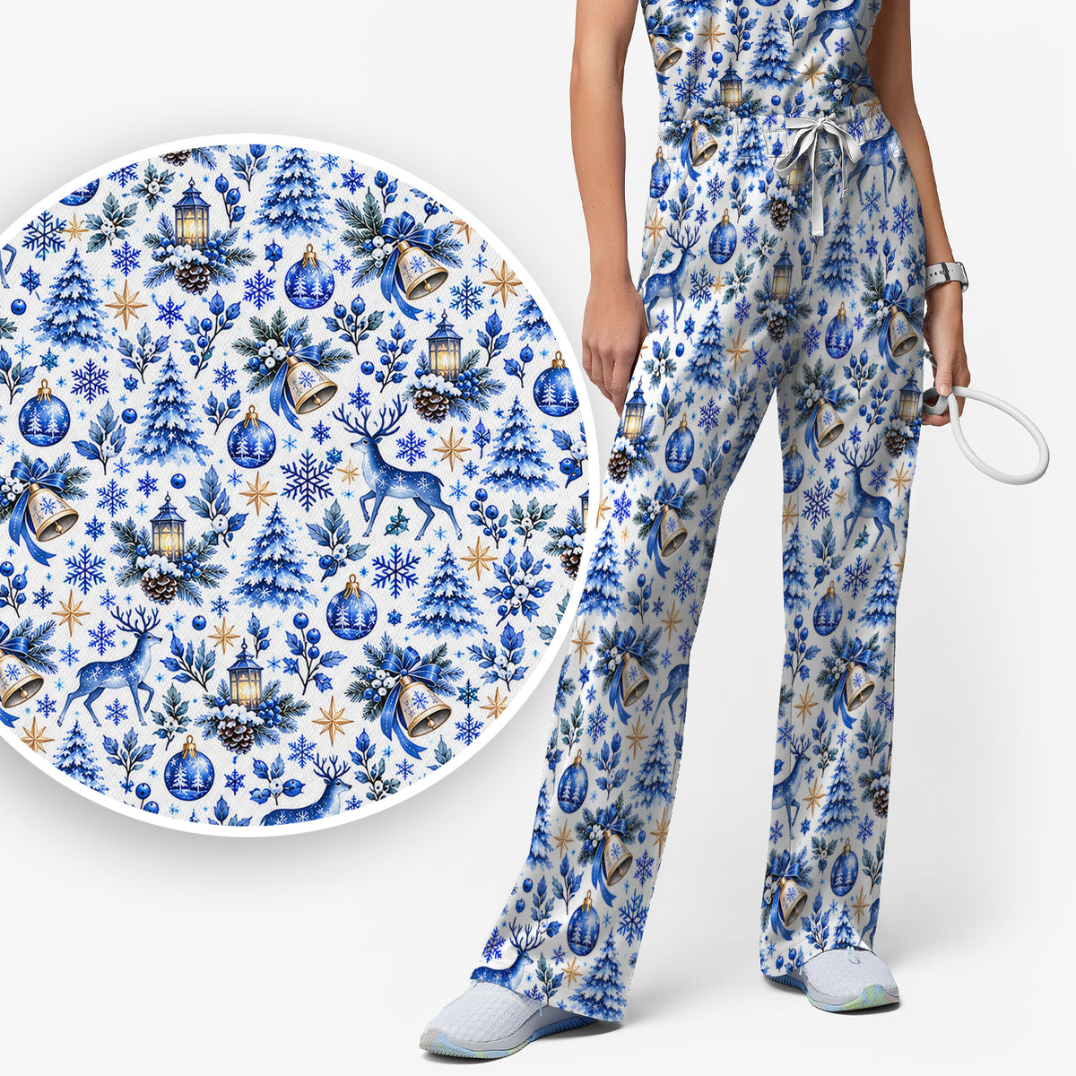 Blue Christmas Reindeer And Winter Trees Scrub Set, Scrub Pants and V Neck Top
