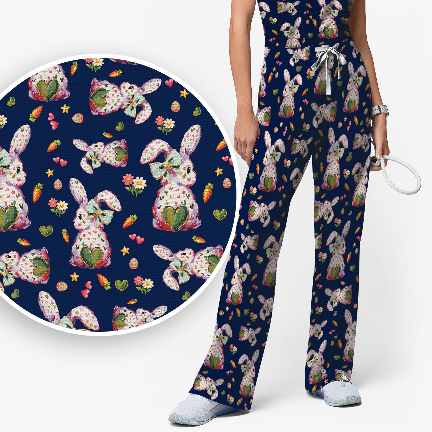 Cute Pastel Bunny Easter Pattern Scrub Set, Scrub Pants and V Neck Top