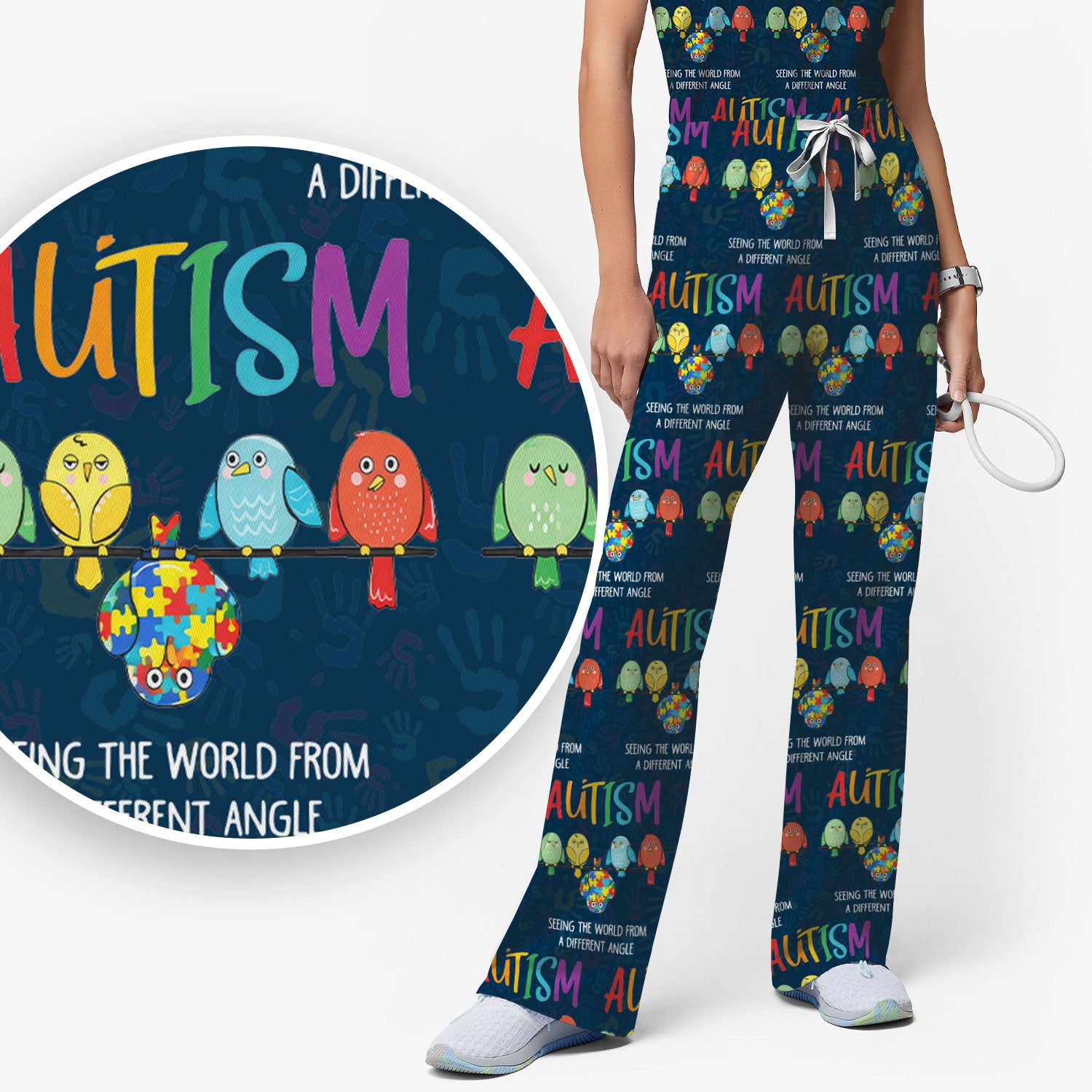 Autism Seeing The World From A Different Angle Birds Scrub Set, Breathable Med Uniform