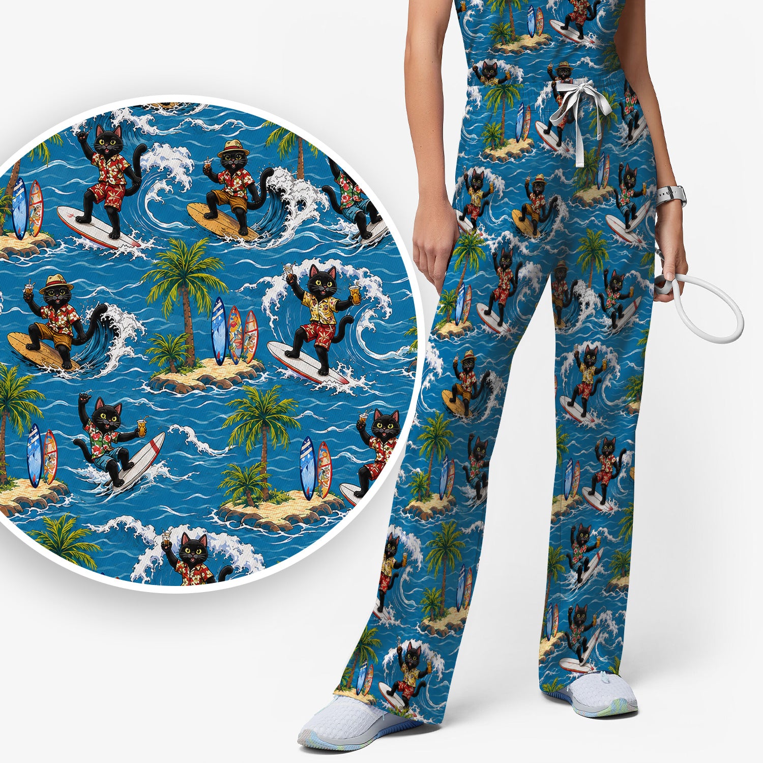 Tropical Black Cat Surfer Island Pattern Scrub Set, Scrub Pants and V Neck Top