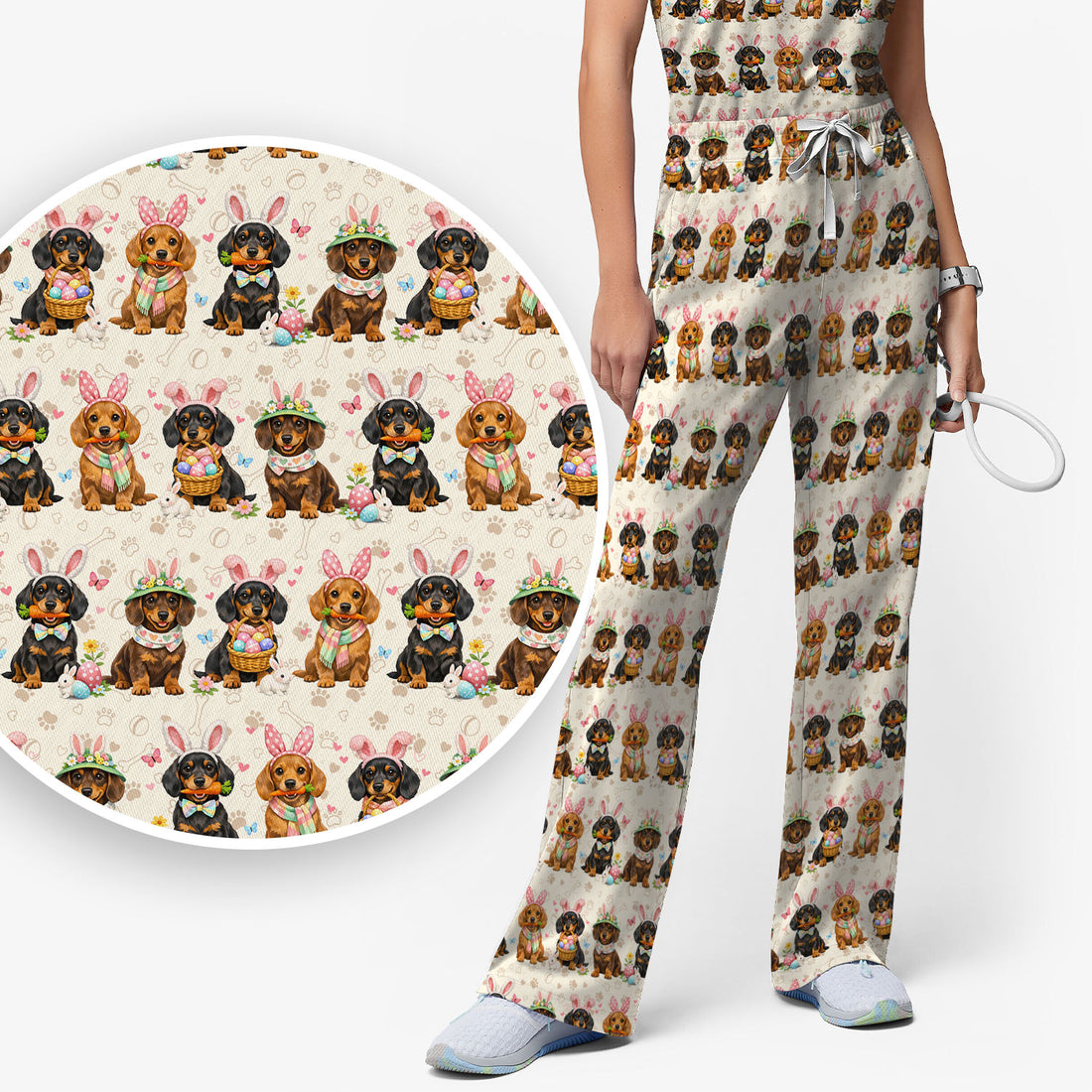 Cute Easter Dachshund Dog Bunny Print Scrub Set, Breathable Med Uniform