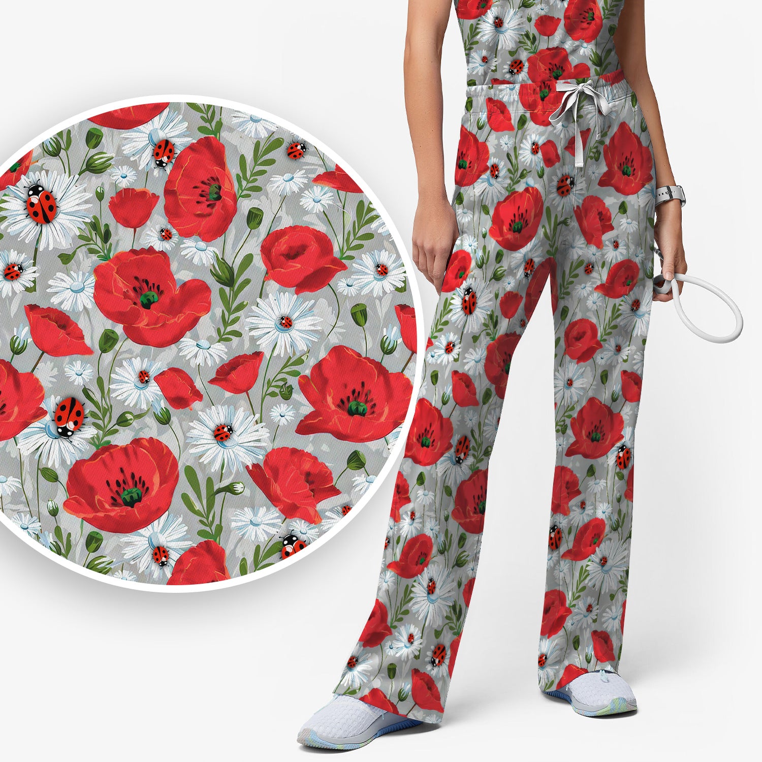 Cute Red Poppy Daisy Ladybug Floral Print Scrub Set, Scrub Pants and V Neck Top