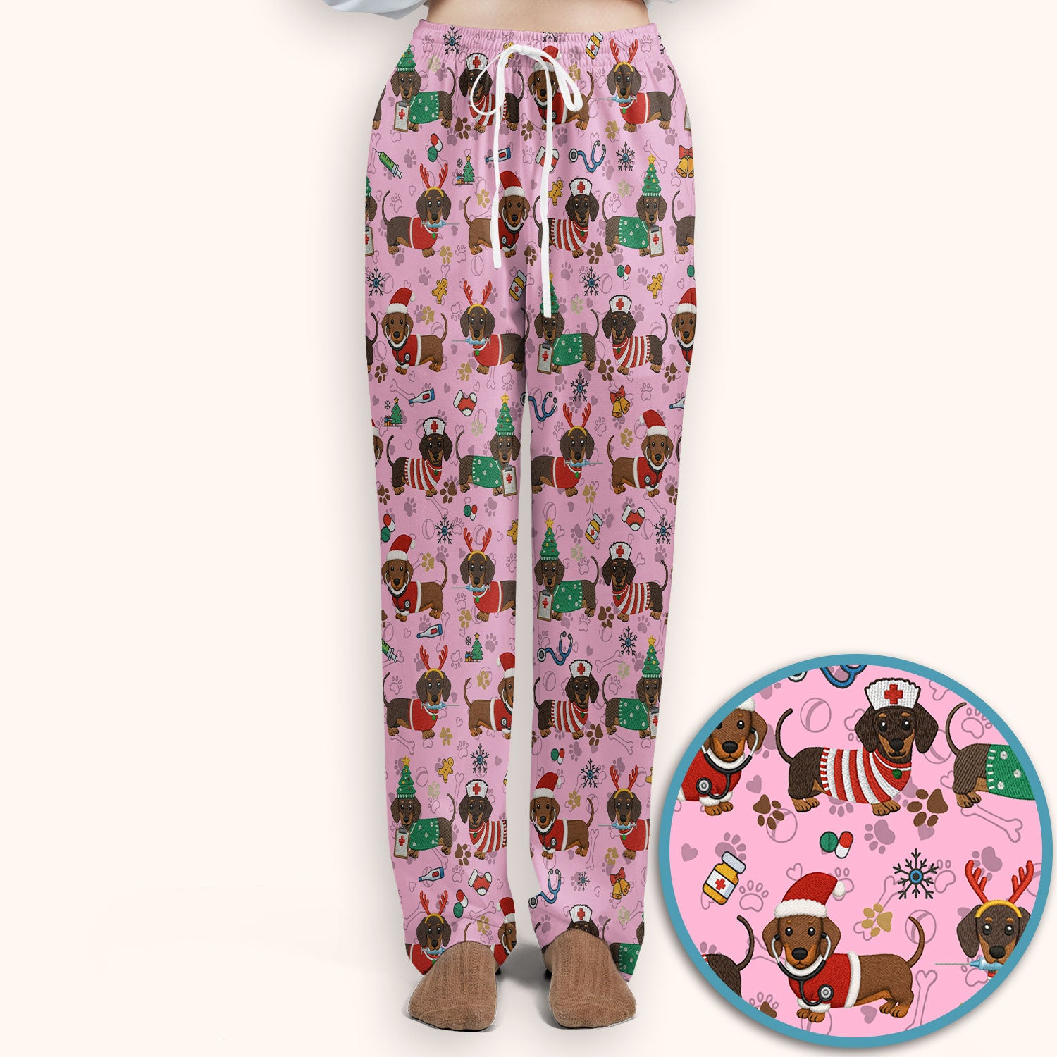 Christmas Dachshund Scrub Set for Nurses - Cute Wiener Dog Scrubs Pants and V Neck Top - Cute Puppy Med Uniform Gift for Women