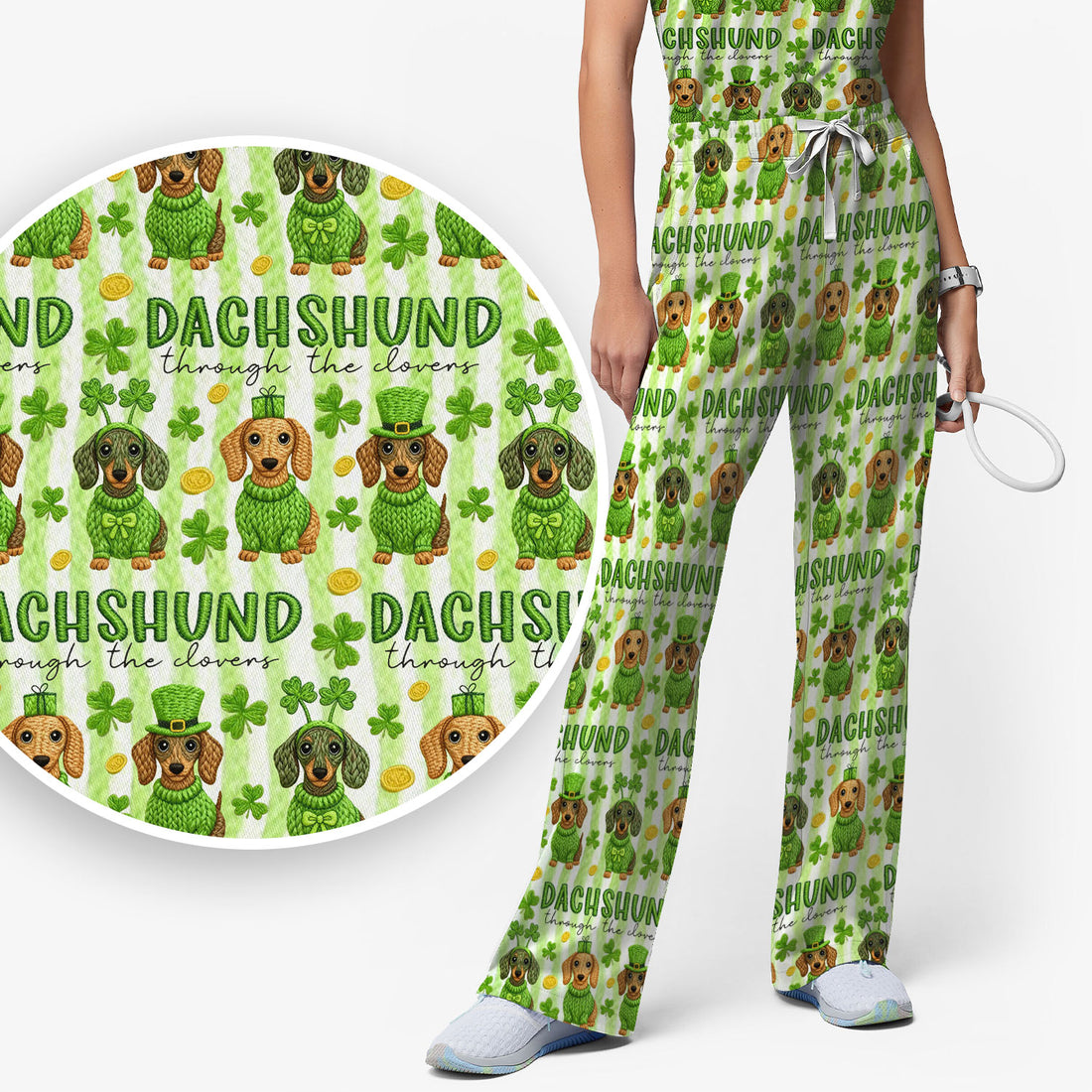 Wiener Dog St. Patrick’s Day Scrub Set, Shamrock Dachshund Pattern Nurse Shirt, Breathable Fabrics Nursing Uniform