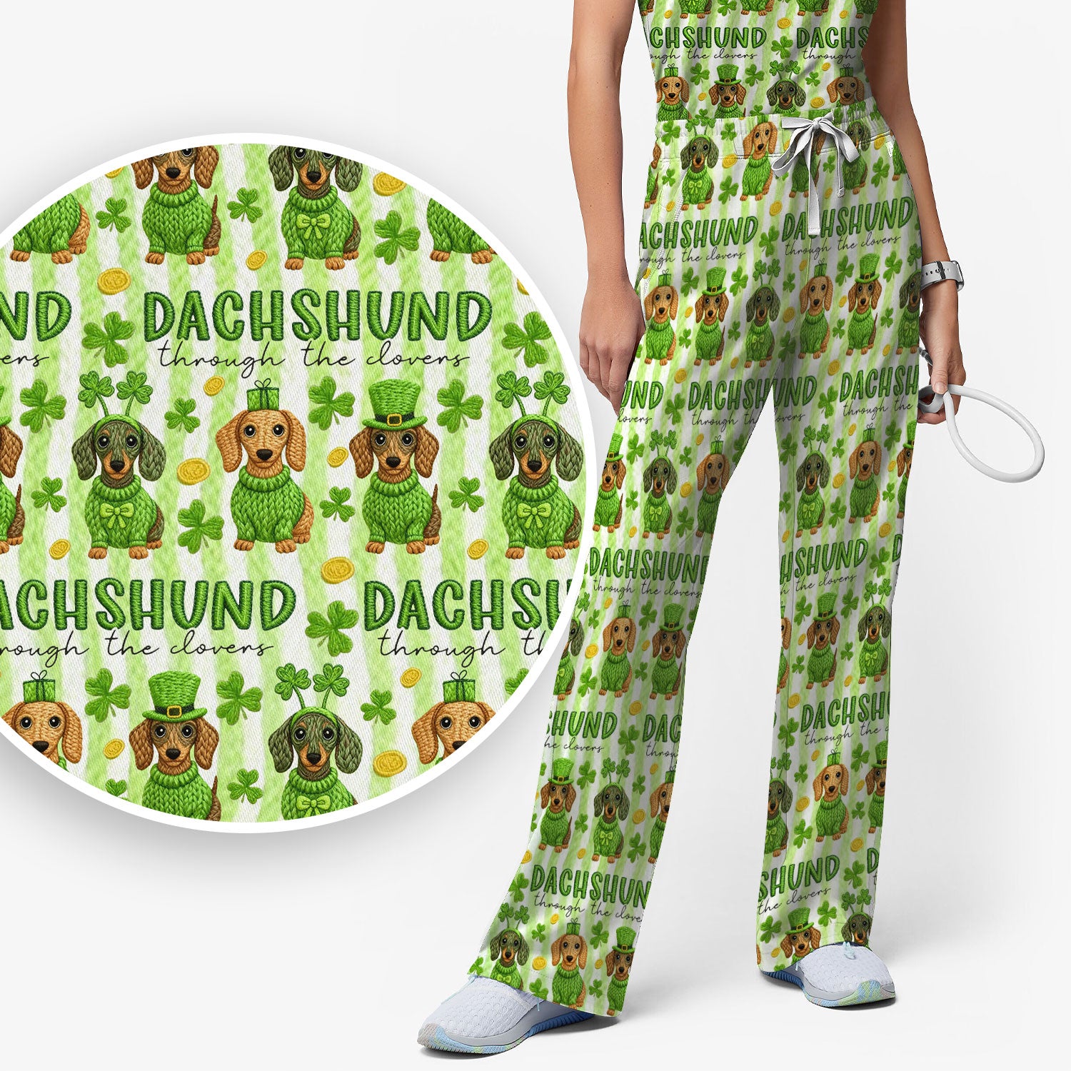 Wiener Dog St. Patrick’s Day Scrub Set, Shamrock Dachshund Pattern Nurse Shirt, Breathable Fabrics Nursing Uniform