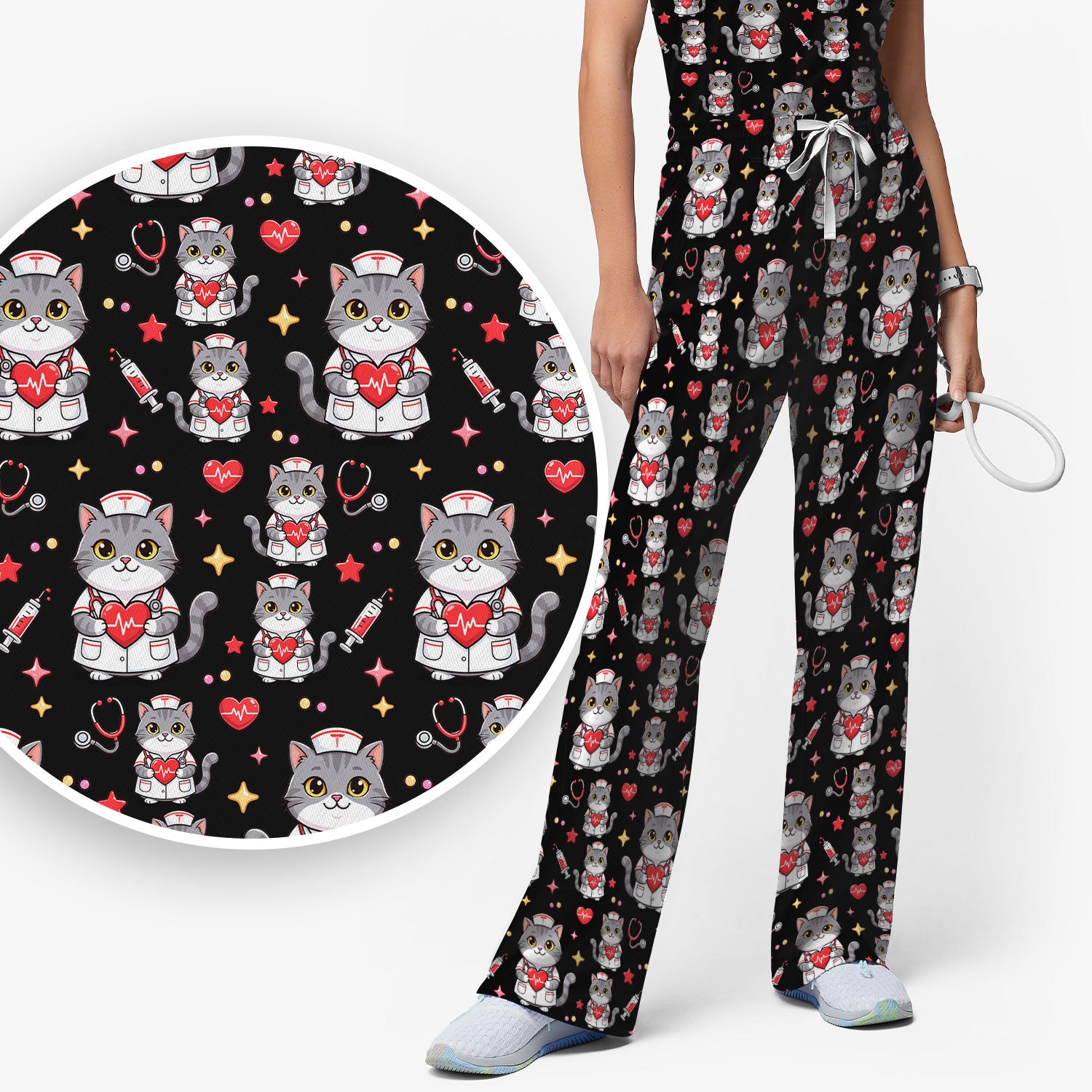 Cute Nurse Cat Heart Medical Print Scrub Set, Scrub Pants and V Neck Top