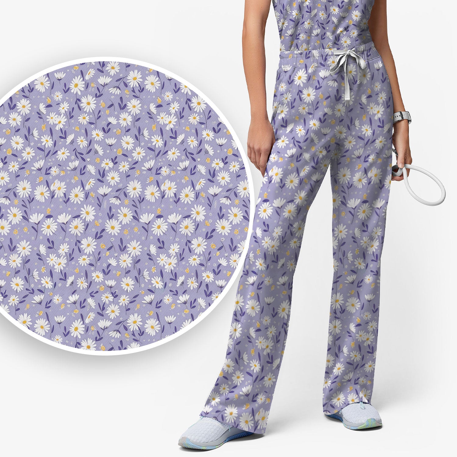 Cute Purple Daisy Botanical Print Scrub Set, Scrub Pants and V Neck Top