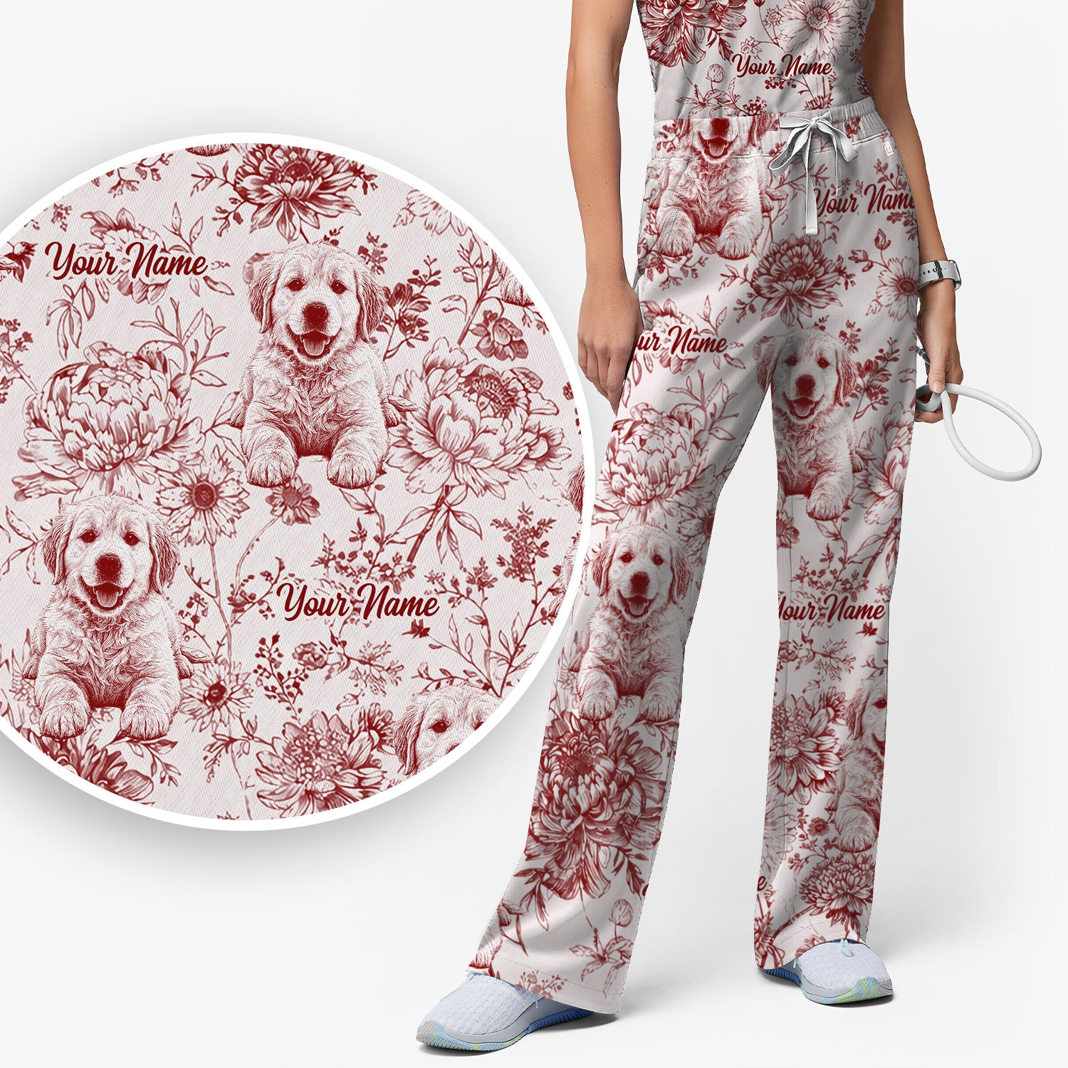 Personalized Custom Pet Photo Name Floral Pattern Scrub Set, Scrub Pants and V Neck Top