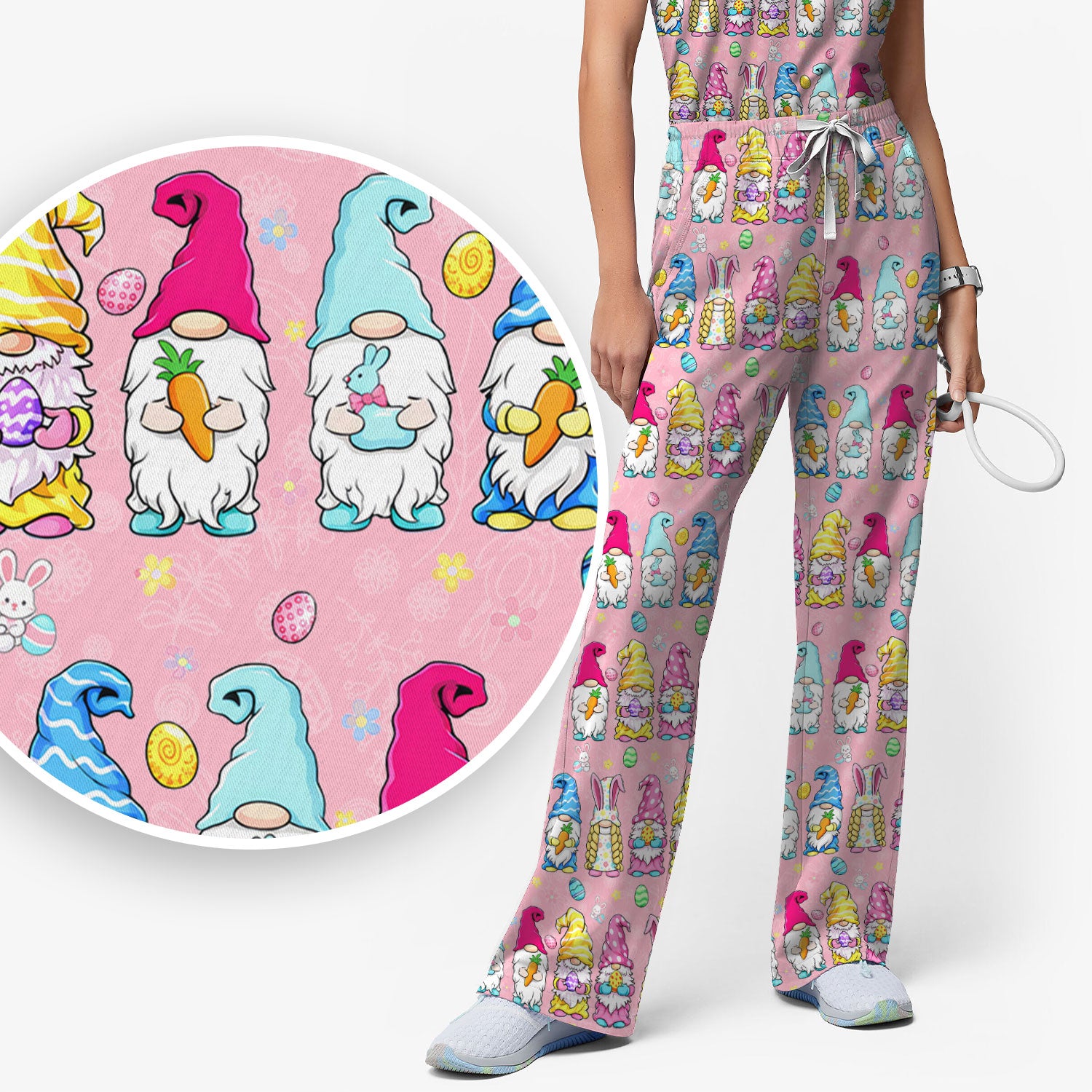 Colorful Easter Gnome Bunny Eggs Pattern Scrub Set, Women's Scrub Sets