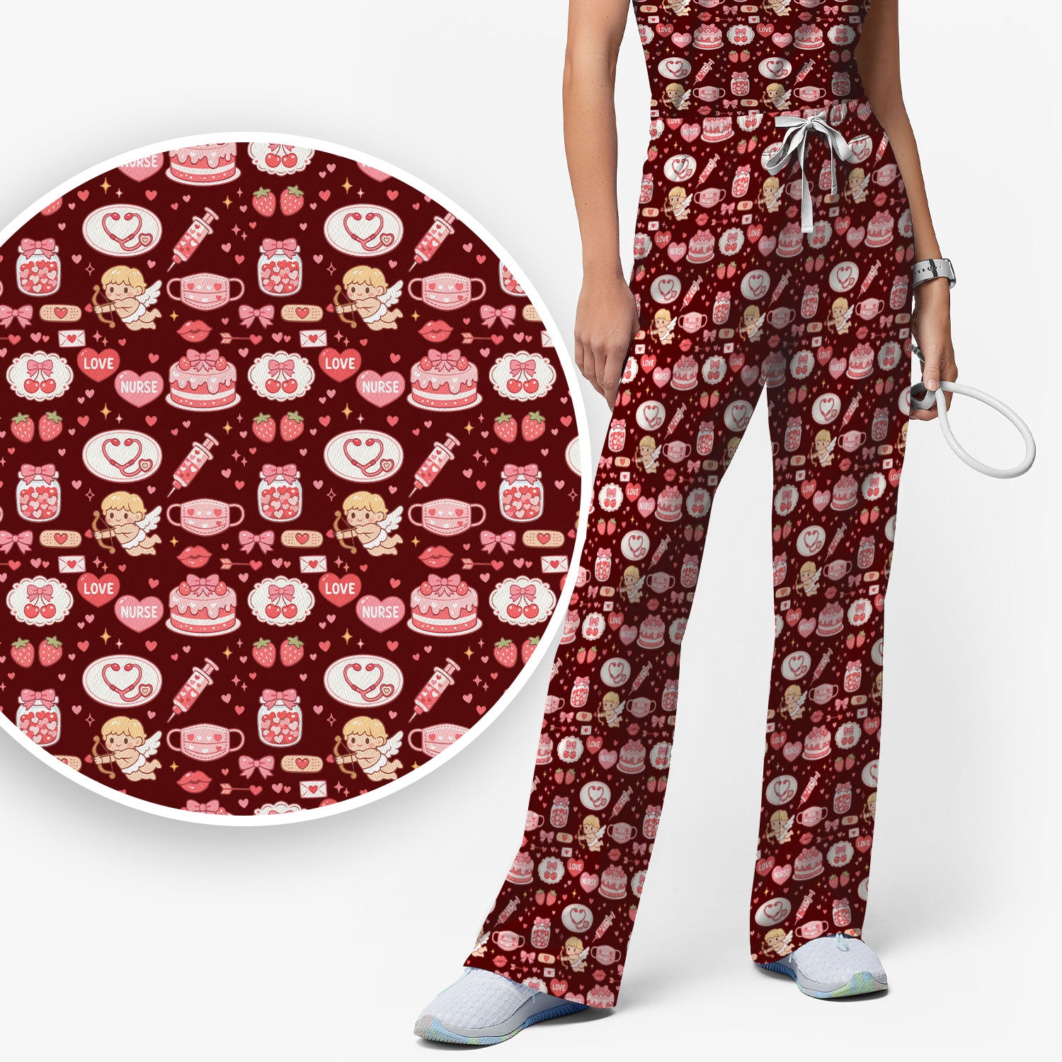 Cupid Nurse Scrub Set, Cute Love Medical Pattern Shirt For Valentine, Breathable Fabrics Nursing Uniform