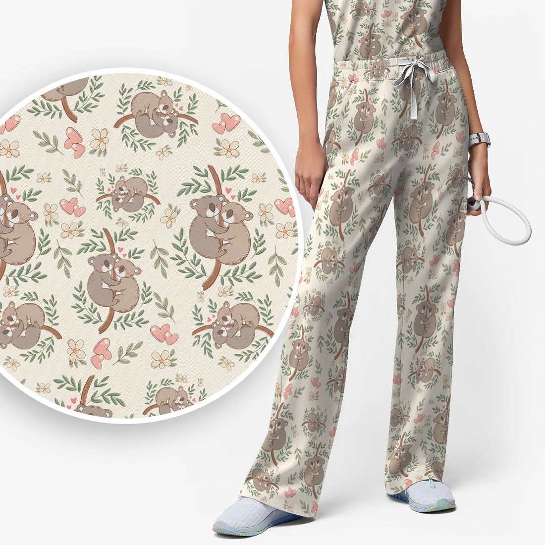 Cute Koala Couple Floral Medical Print Scrub Set, Women's Scrub Sets