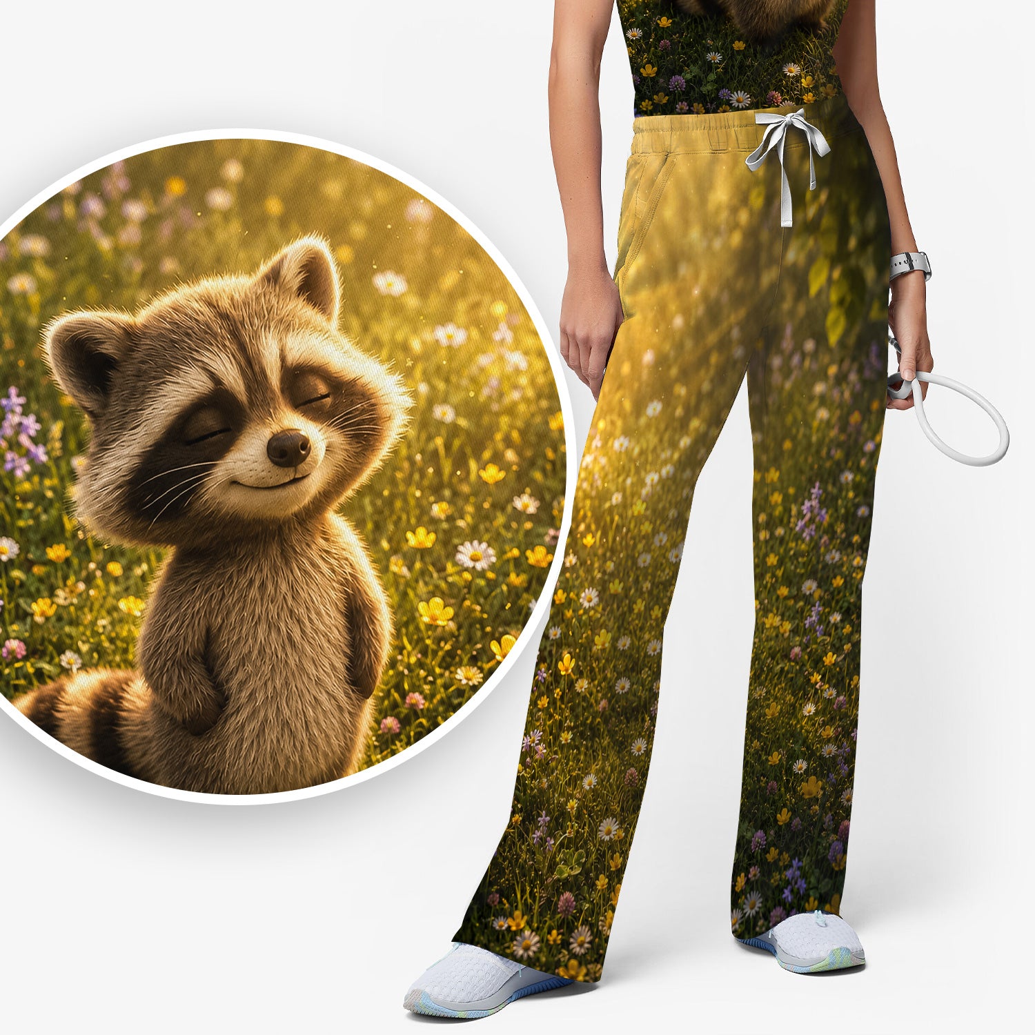 Smiling Raccoon Meadow Flower Pattern Scrub Set, Scrub Pants and V Neck Top