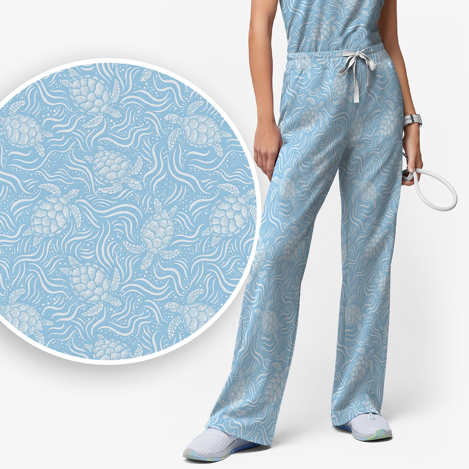 Cute Ocean Sea Turtle Waves Pattern Scrub Set, Scrub Pants and V Neck Top