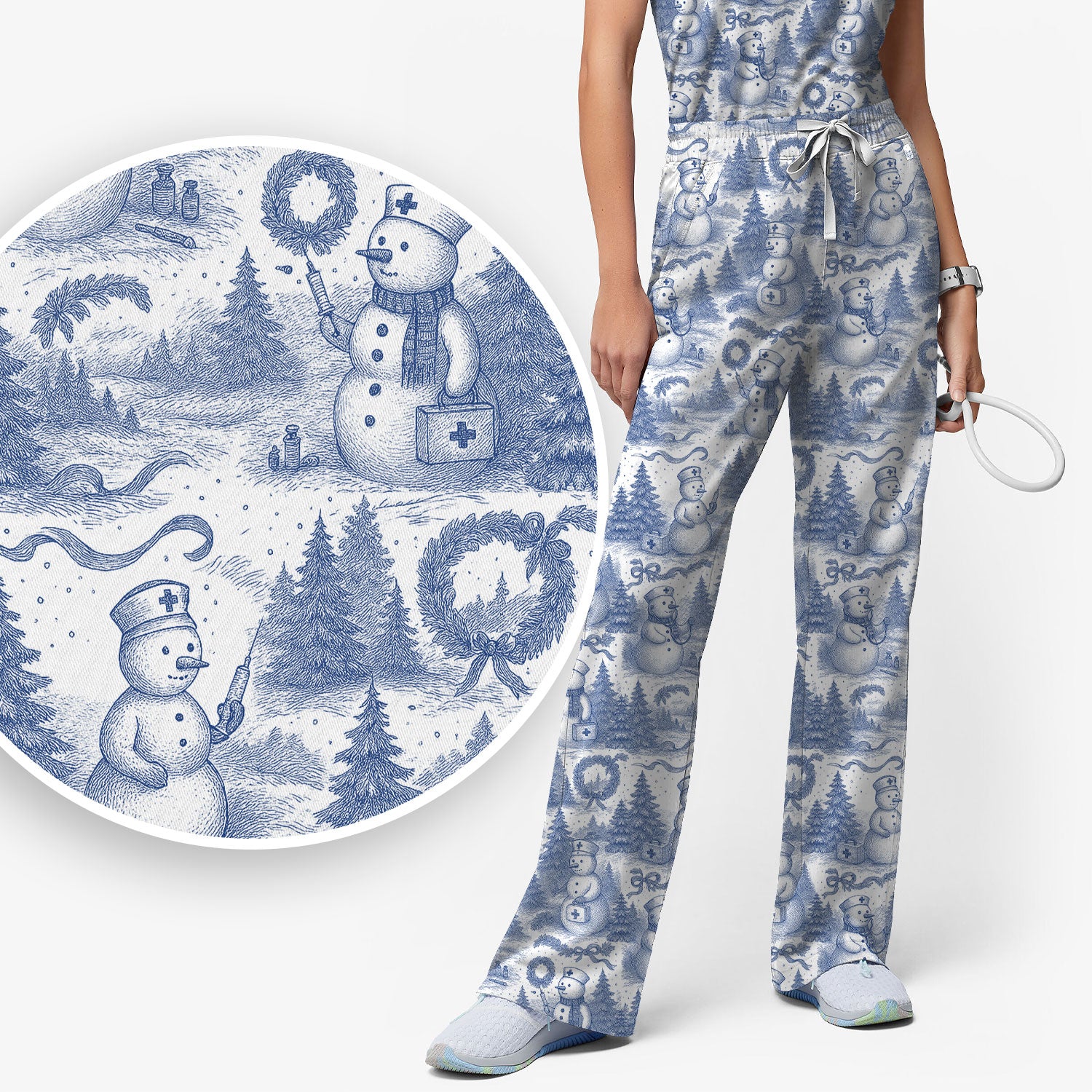 Toile de Jouy Christmas Scrubs Set – Elegant Snowman and Nurse Pattern – Classic Holiday Scrub Top and Pants for Women