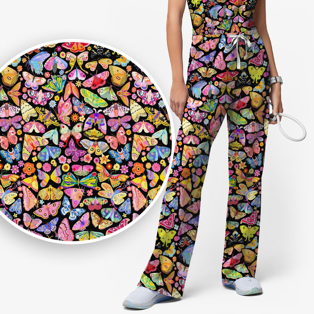 Cute Bright Butterfly Moth Floral Scrub Top, Breathable Fabrics Nursing Uniform