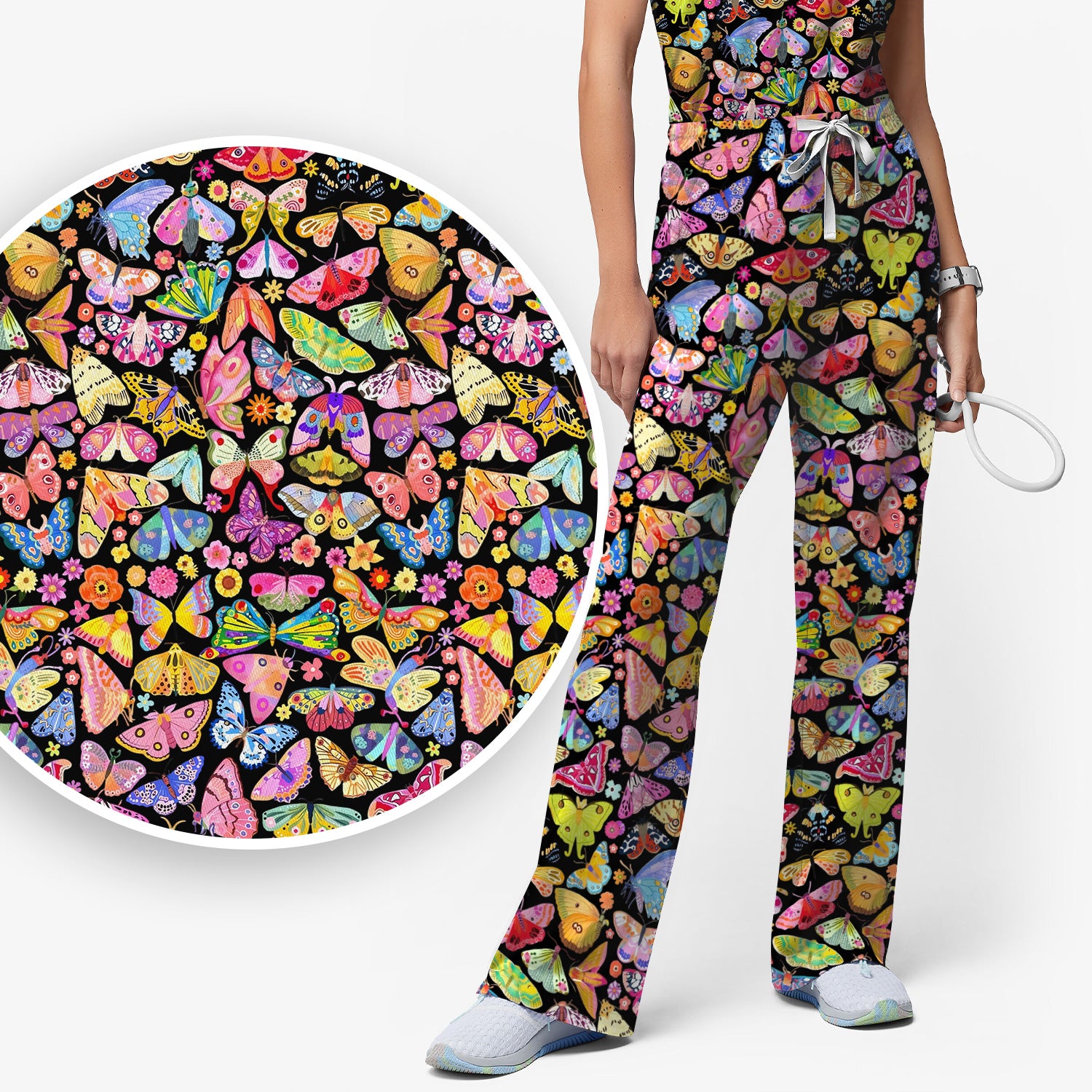 Cute Bright Butterfly Moth Floral Scrub Top, Breathable Fabrics Nursing Uniform