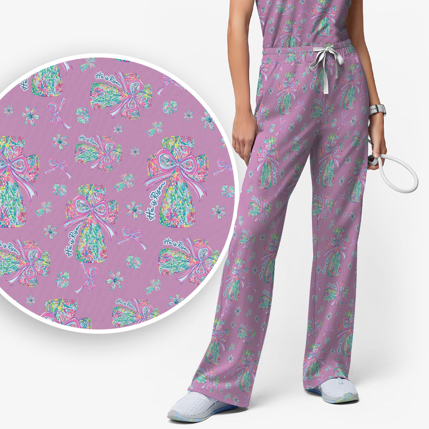 Colorful Bow Pattern Women's Scrub Sets, Breathable Med Uniform