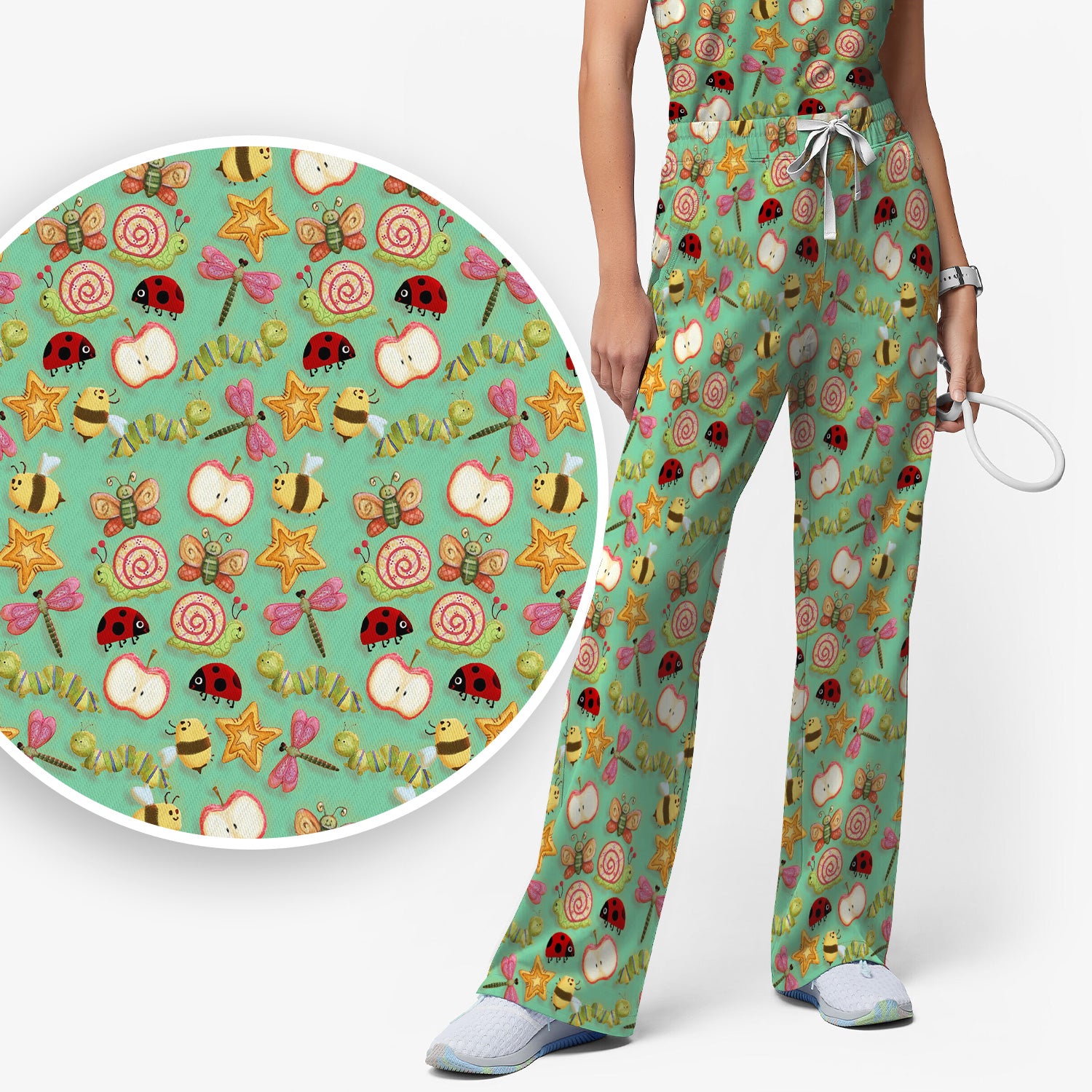 Cute Nurse Snail Ladybug Caterpillar Apple Garden Pattern Scrub Set, Breathable Med Uniform
