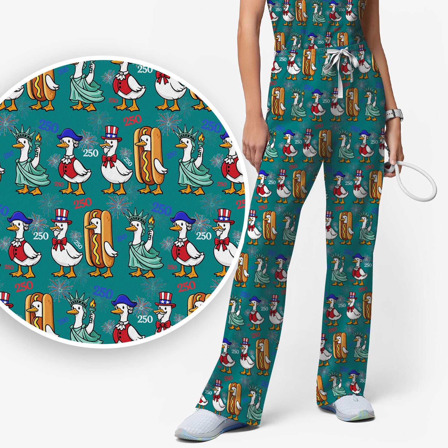 Patriotic Duck Independence Day Pattern Scrub Set, Scrub Pants and V Neck Top